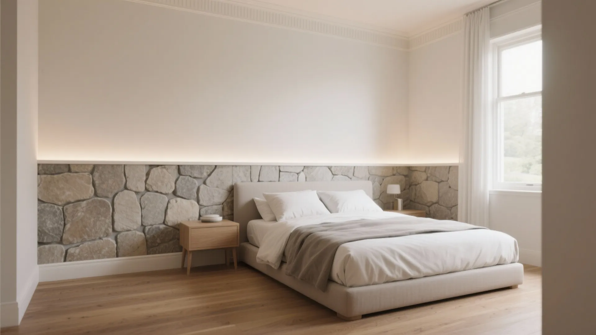 2. Partial stone wainscoting — grounding the bed area