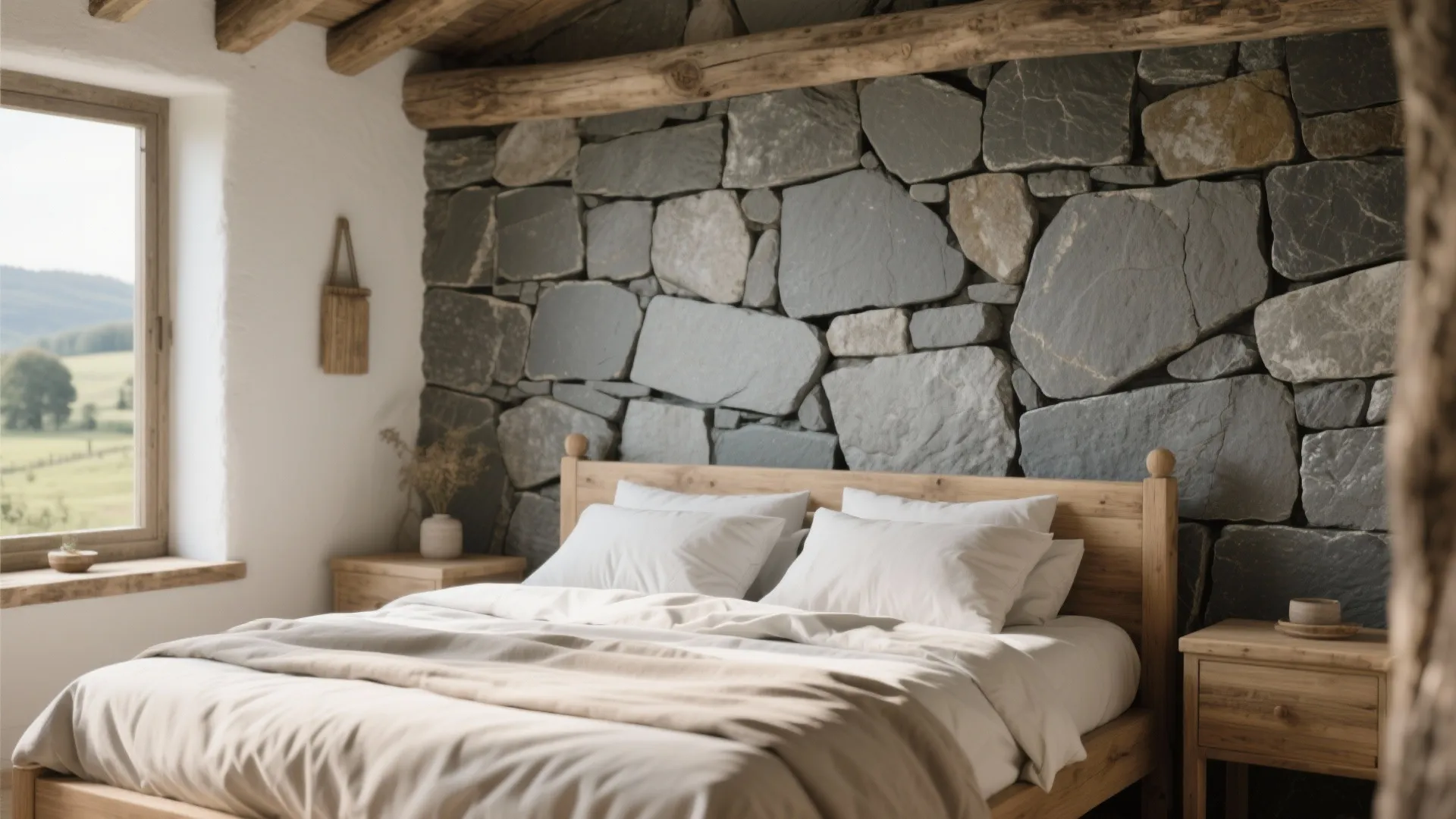 Rustic bedroom design featuring a large natural stone wall behind a simple wooden bed frame