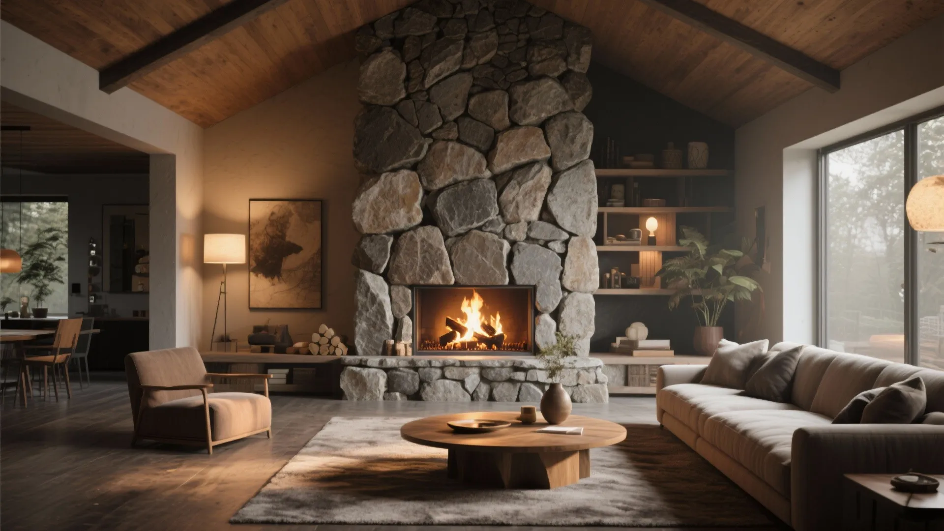 Cozy living room with large stone fireplace wooden ceiling beige sofa round table and rug