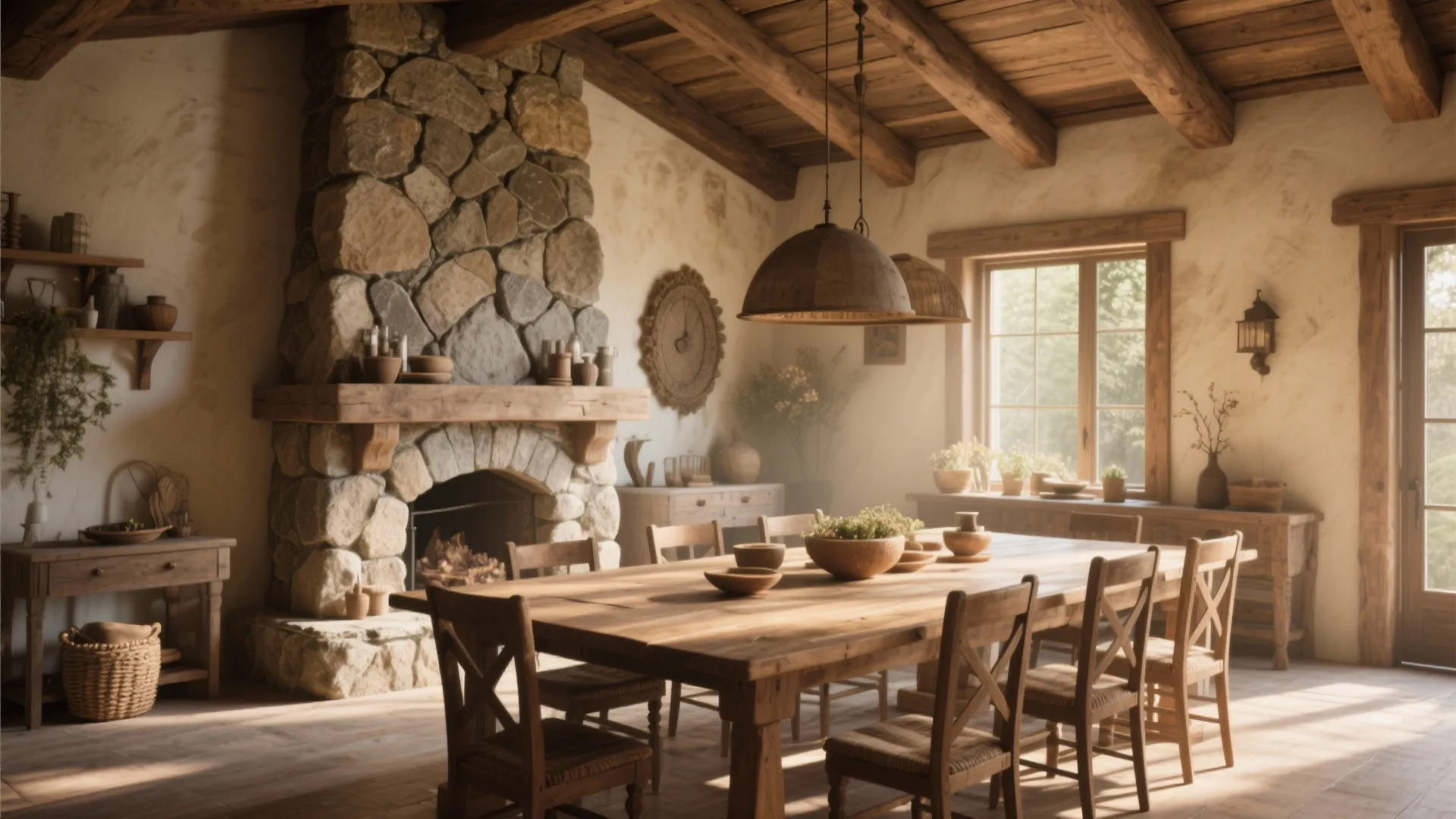 Rustic dining room with natural stone accent wall