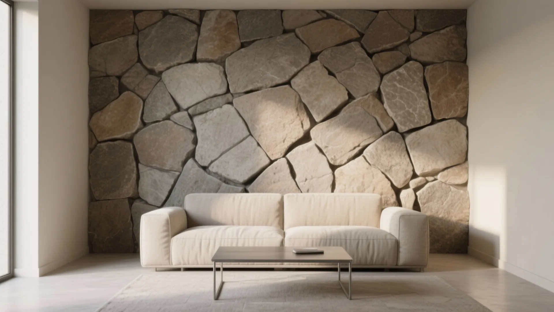 Textured stone feature wall in a small living room with lean furniture and soft daylight, a cozy tactile focal point.