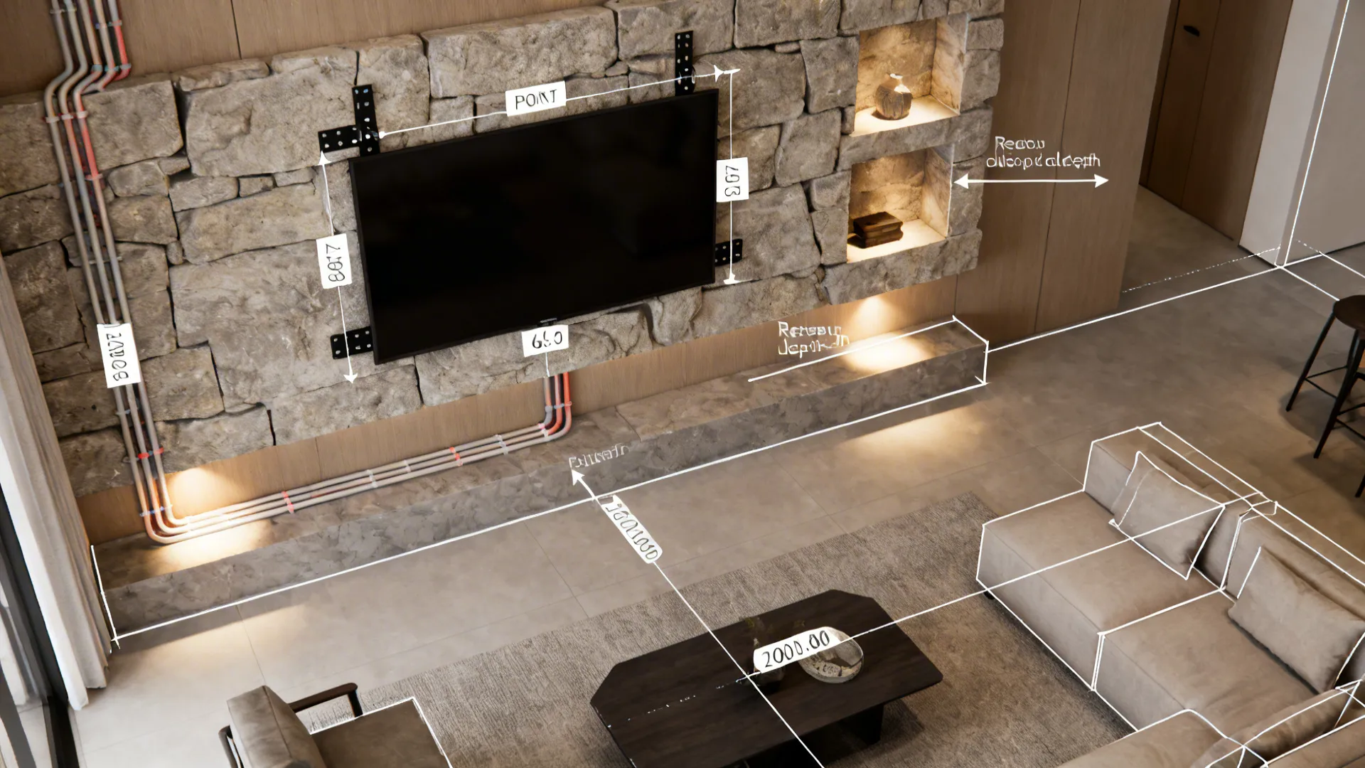 Top-down planning diagram showing TV mount points, conduit paths, and LED placement for a stone accent wall
