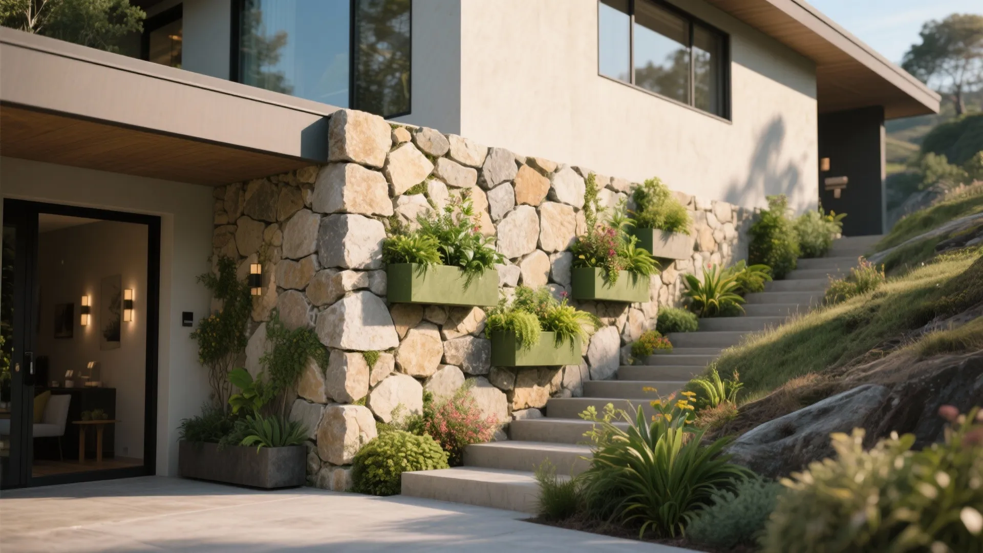 Stone-clad front wall with integrated planter boxes