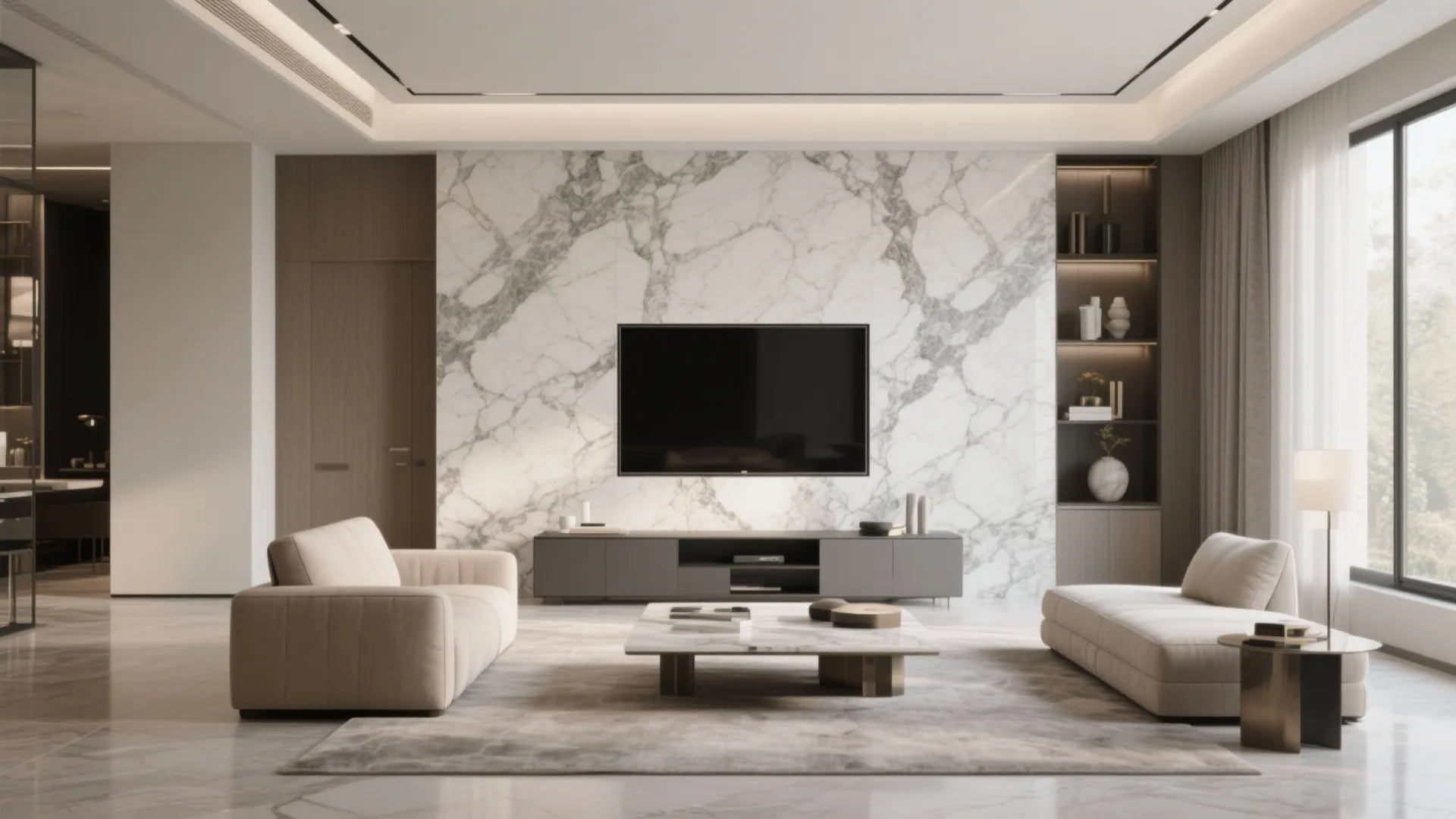 Luxury living room with marble wall panel behind a television plus sofa and coffee table