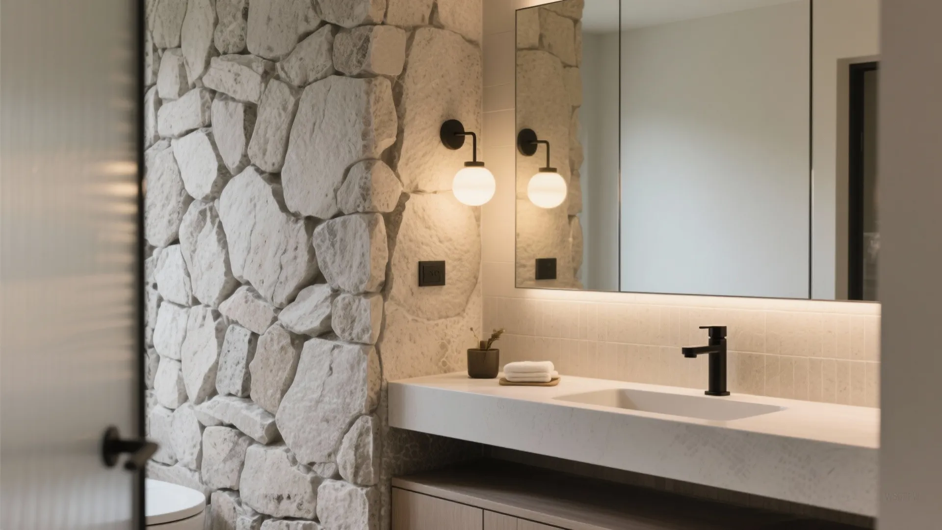 Bathroom interior with white stone wall large mirror wall light black faucet and white sink counter