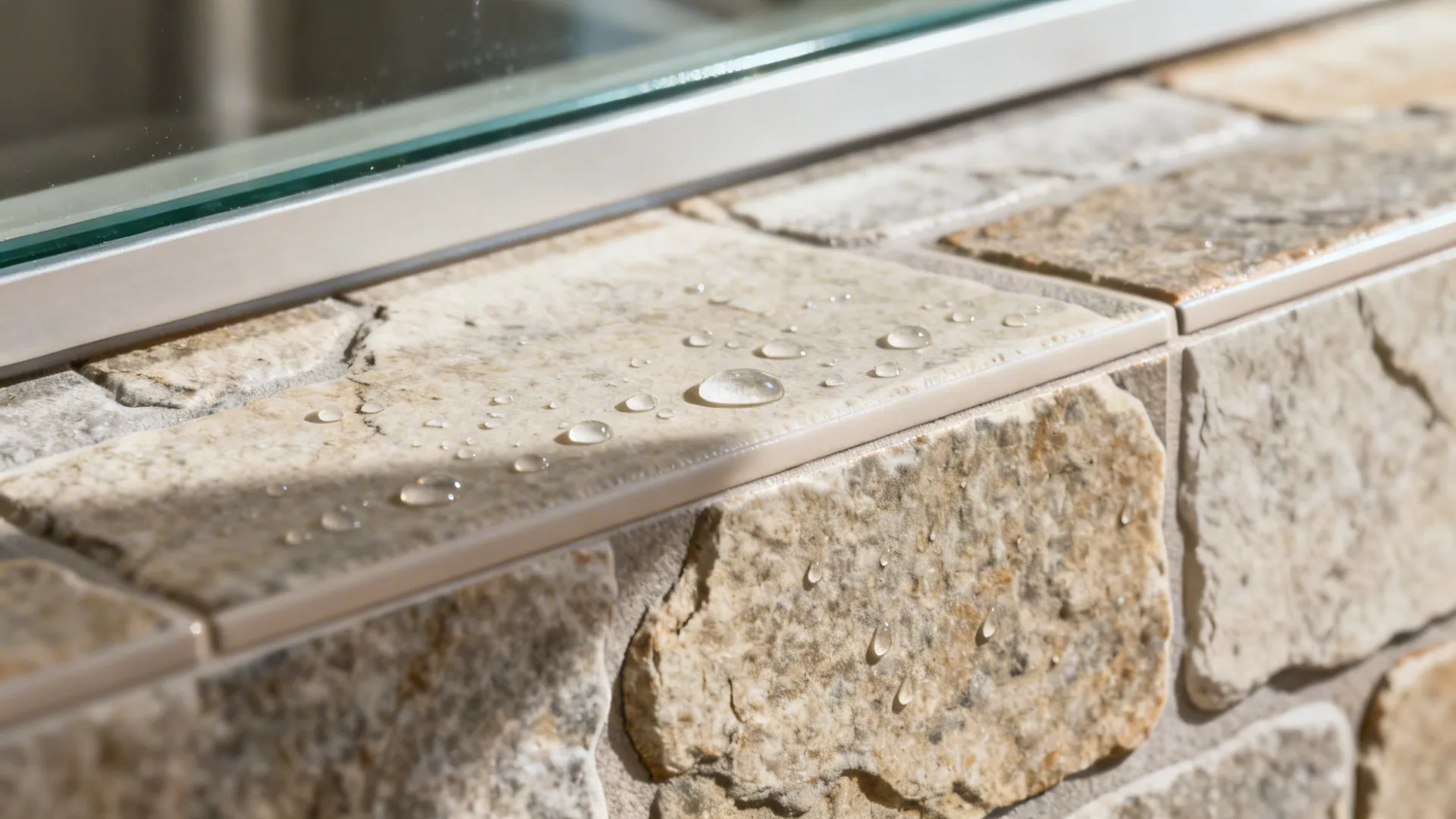 Macro of stone-look 3D wallpaper by a glass splash guard, showing sealed edge and tactile texture.