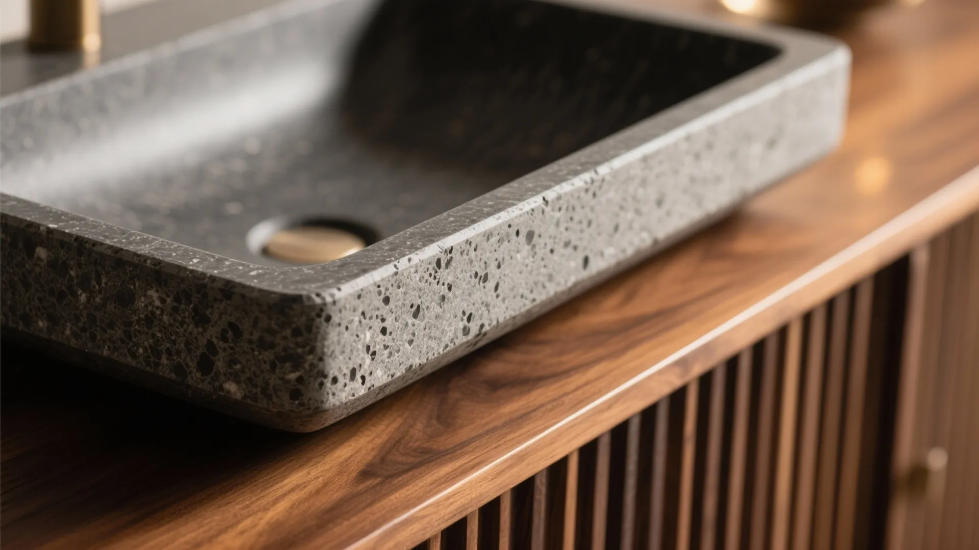 Stone Vessel Basin on Warm Wood Console