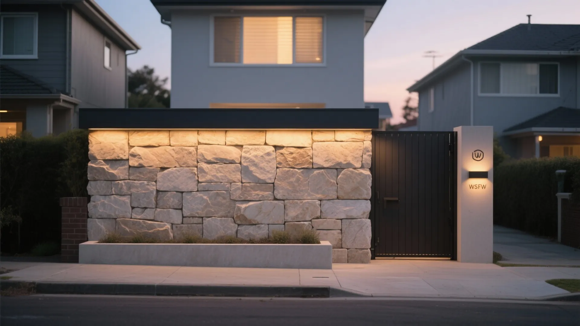 Modern stone wall with warm integrated lighting next to a black gate and white pillar
