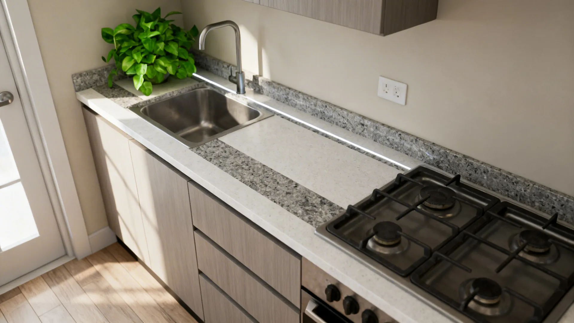 Small kitchen with a narrow quartz run around sink and stove and laminate counters elsewhere.