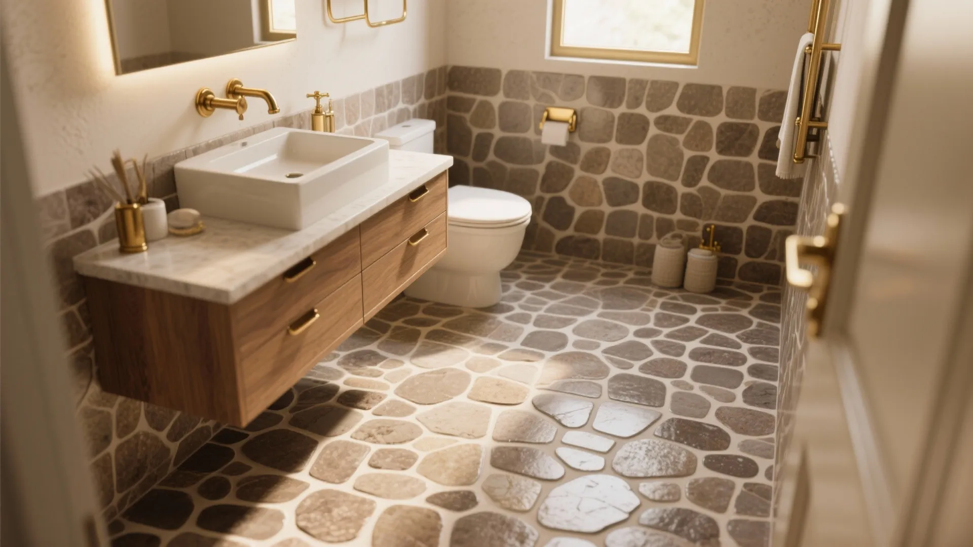 Cozy bath with warm taupe stone-look porcelain mosaic floor, wood vanity, and brass accents.