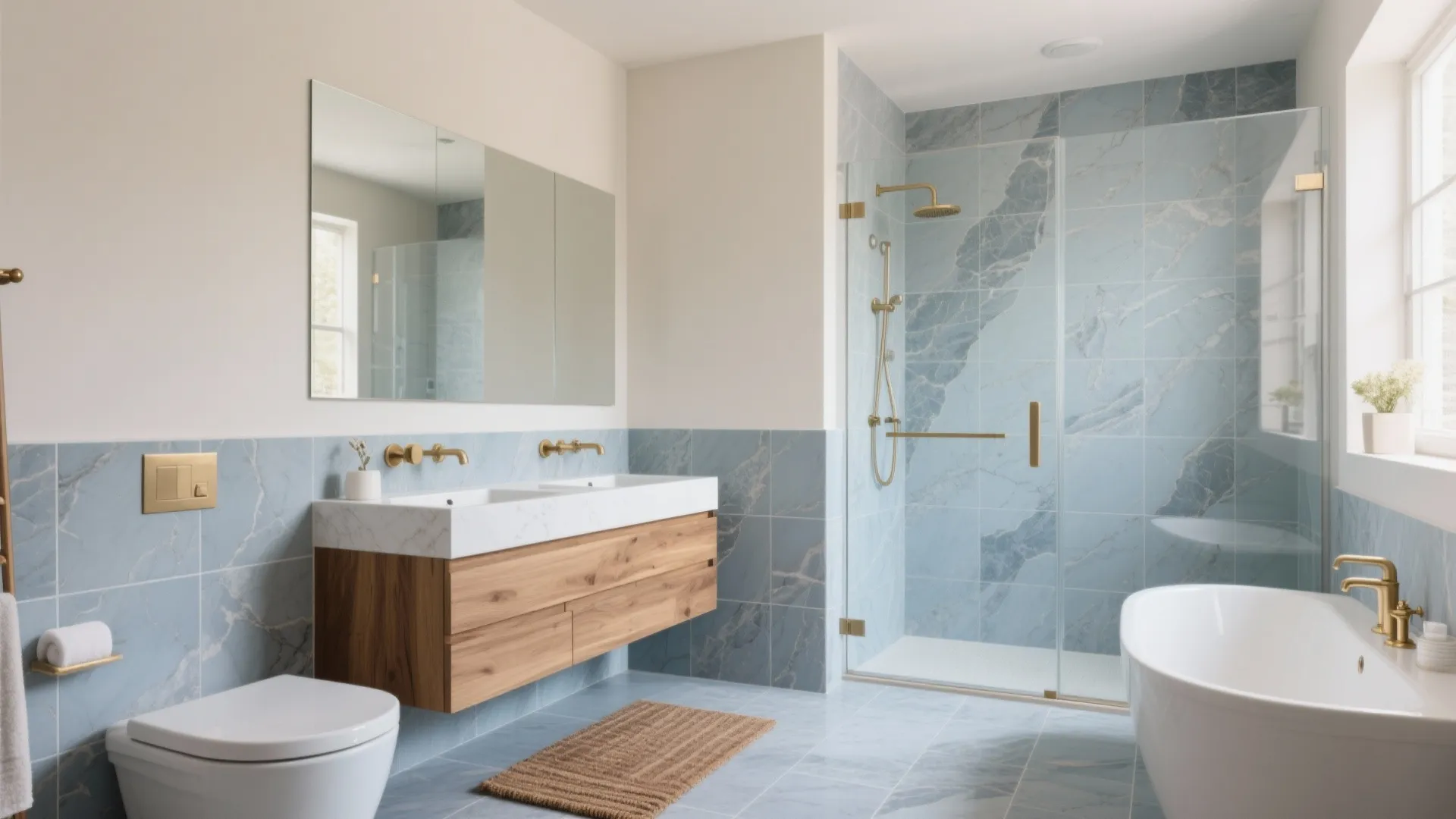 Stone-Look Blue Grey + Warm Wood Accents