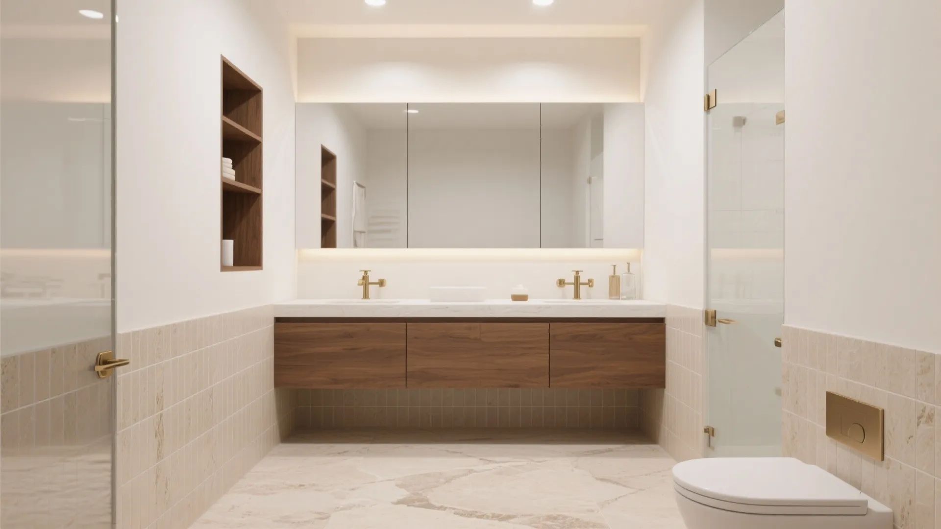 Warm travertine-look porcelain floor and wainscot with a walnut vanity and matte white upper walls.