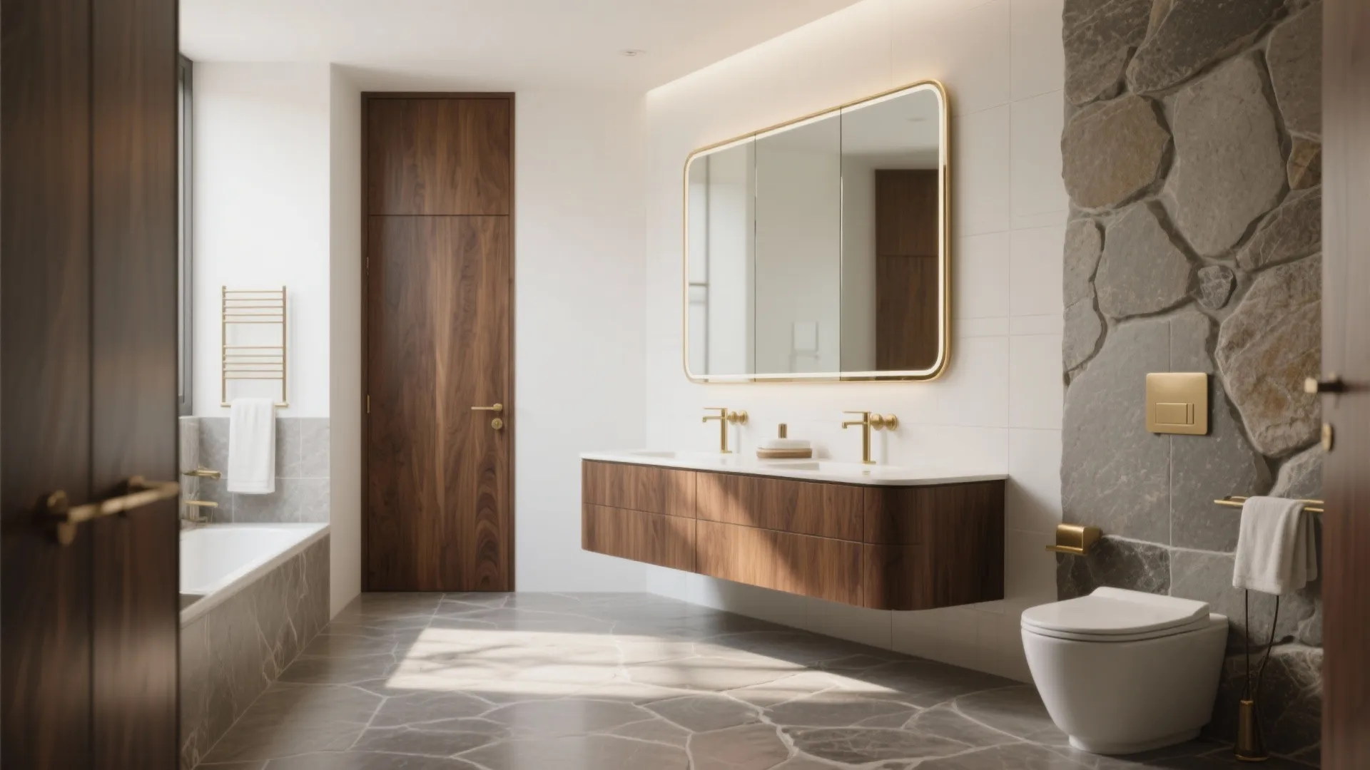 Warm Wood Accents with Stone-Look Tiles