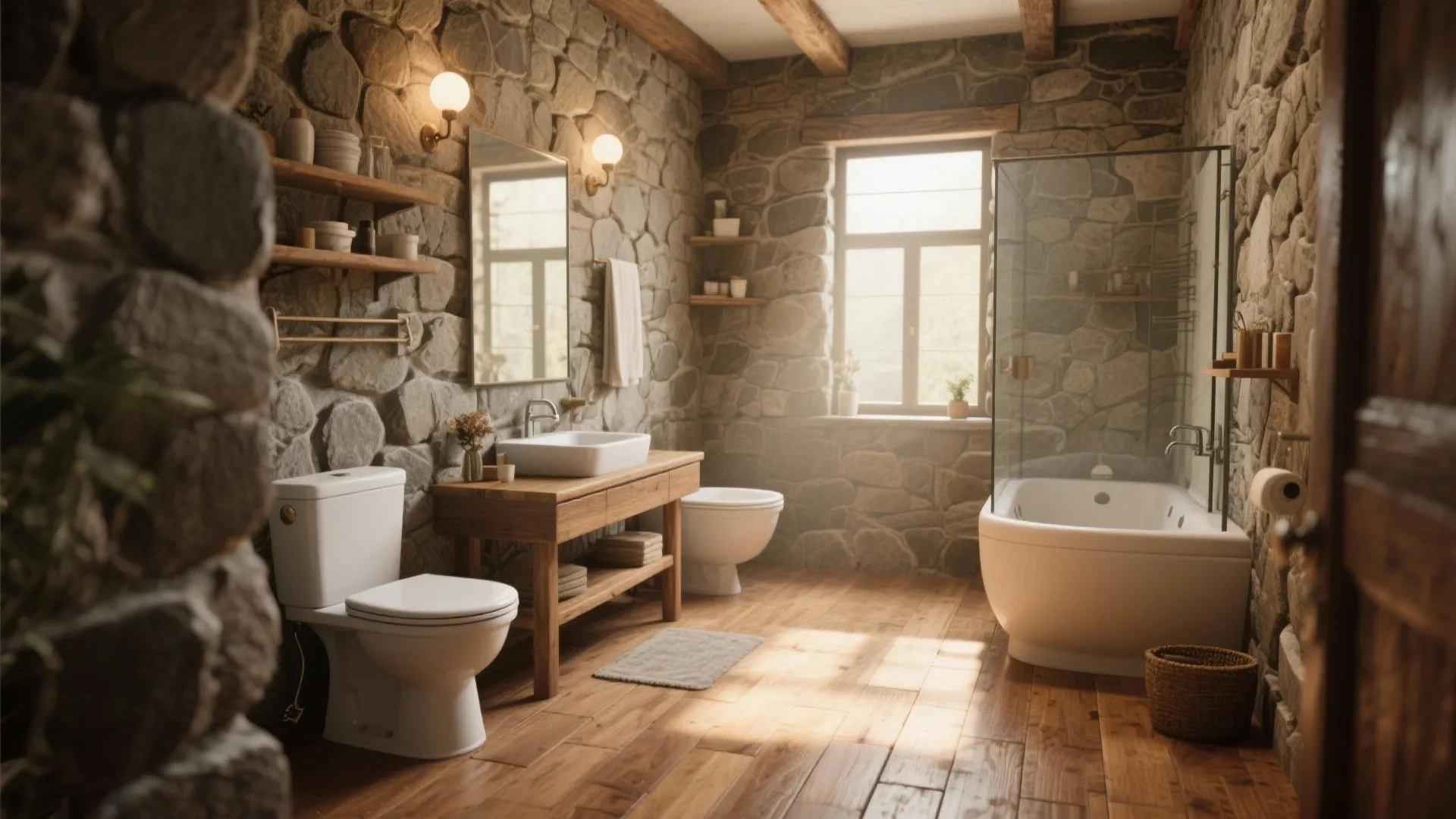 Rustic bathroom with natural stone walls wooden floors white bathtub toilet and a wooden vanity
