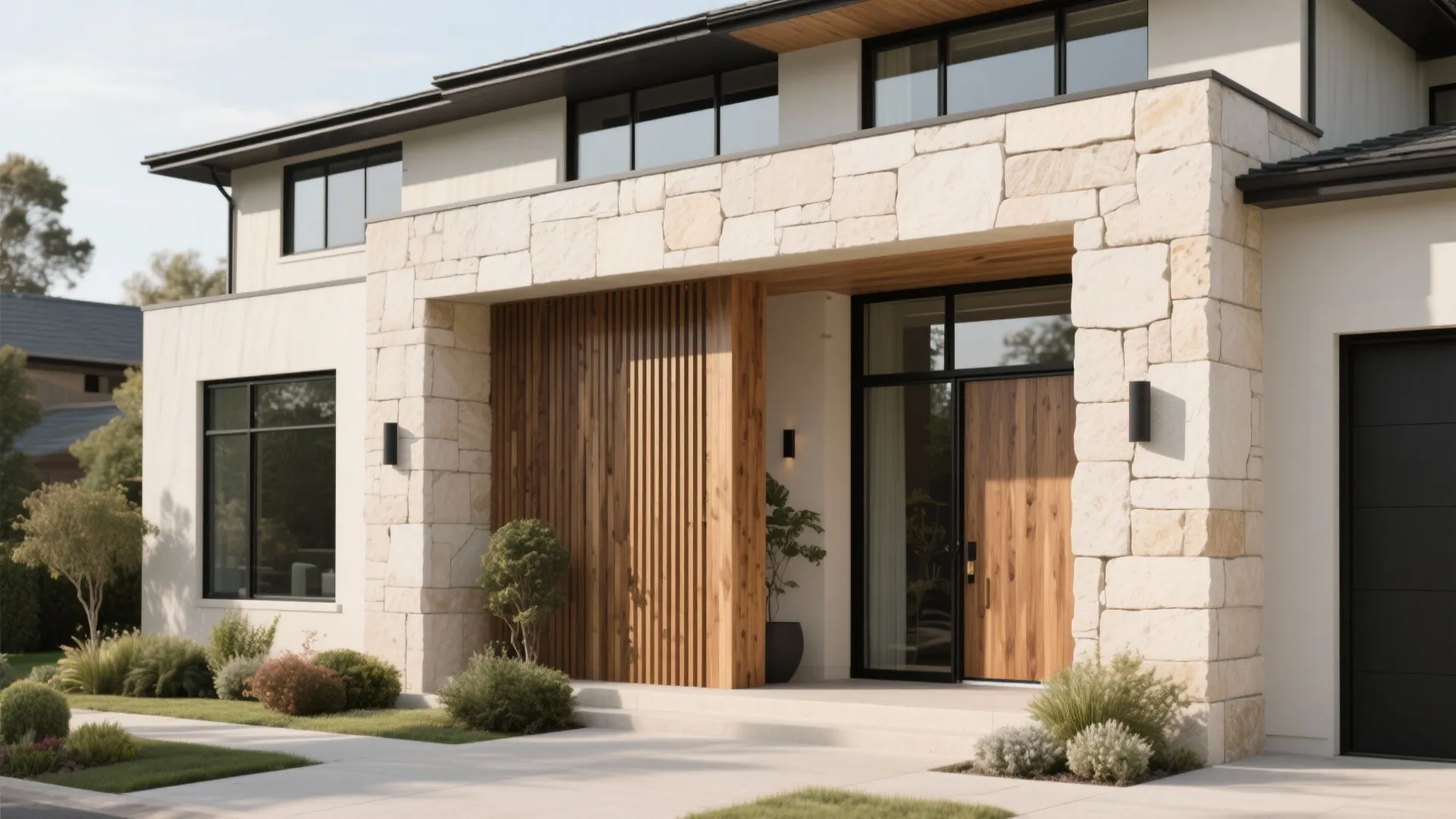 2) Stone + Wood Contrast That Feels Warm, Not Rustic