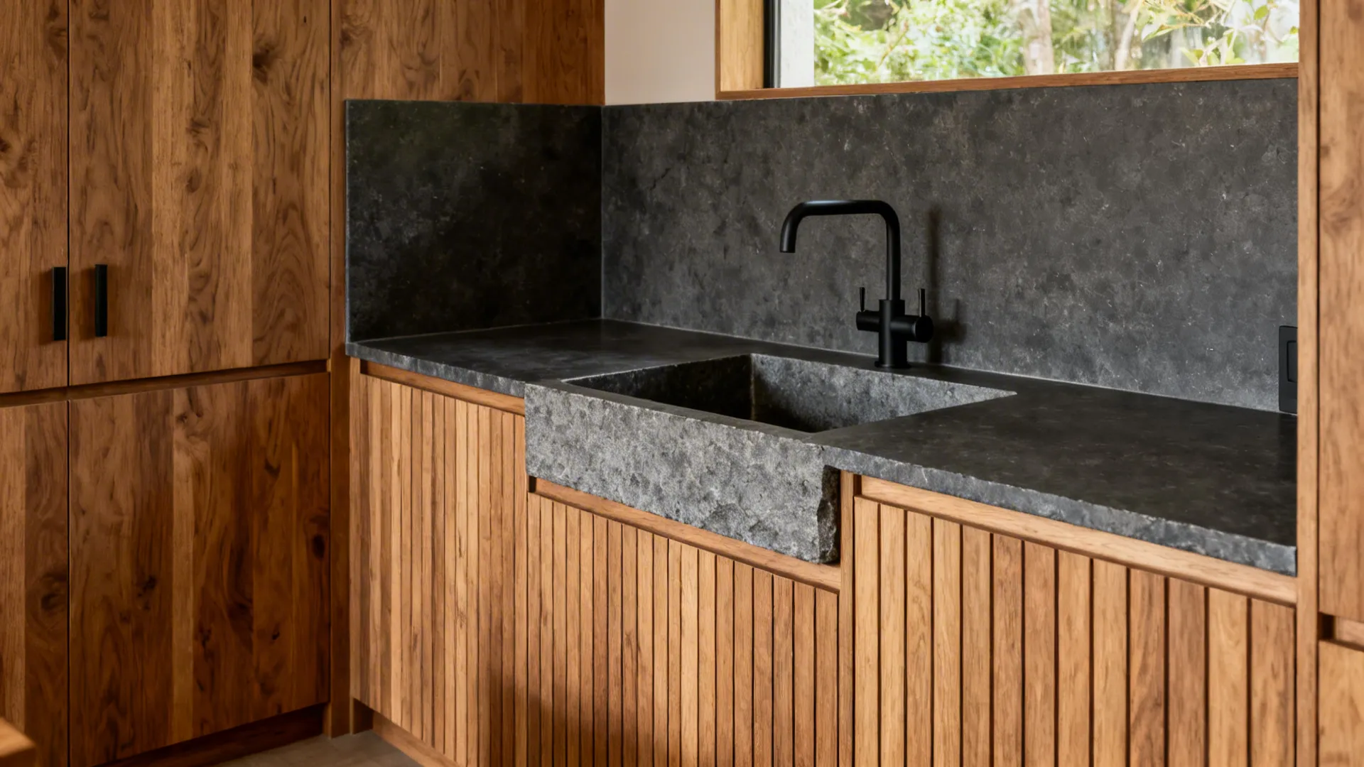 Warmth + contrast: stone with wood cabinetry
