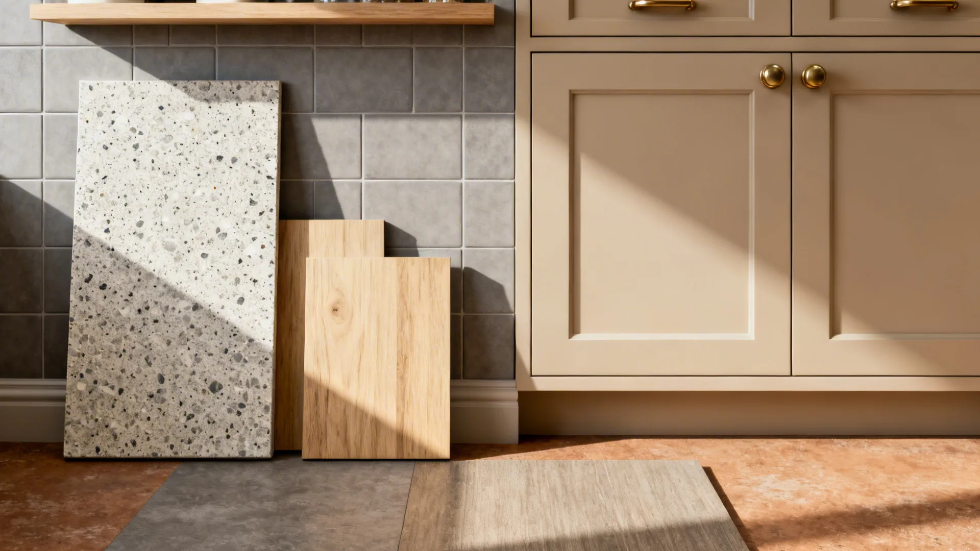 Flatlay of honed stone, light wood, warm neutrals, brushed brass, and earthy floor samples.
