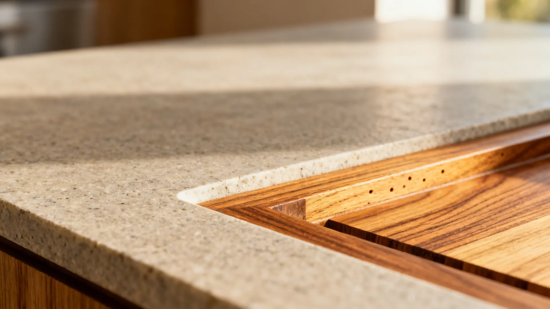 Warm wood edge accents on a stone slab