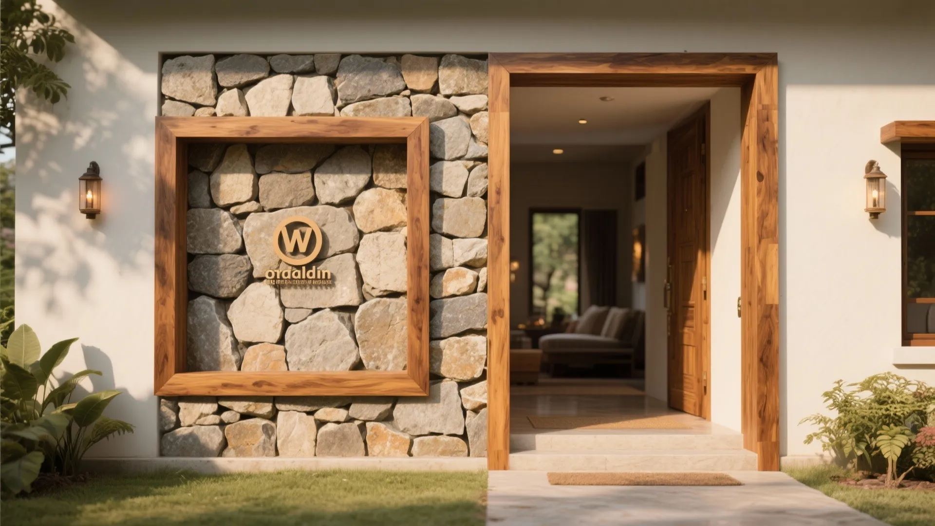 Modern house entrance with stone wall panel, wood frame, wooden door, and two warm lights.