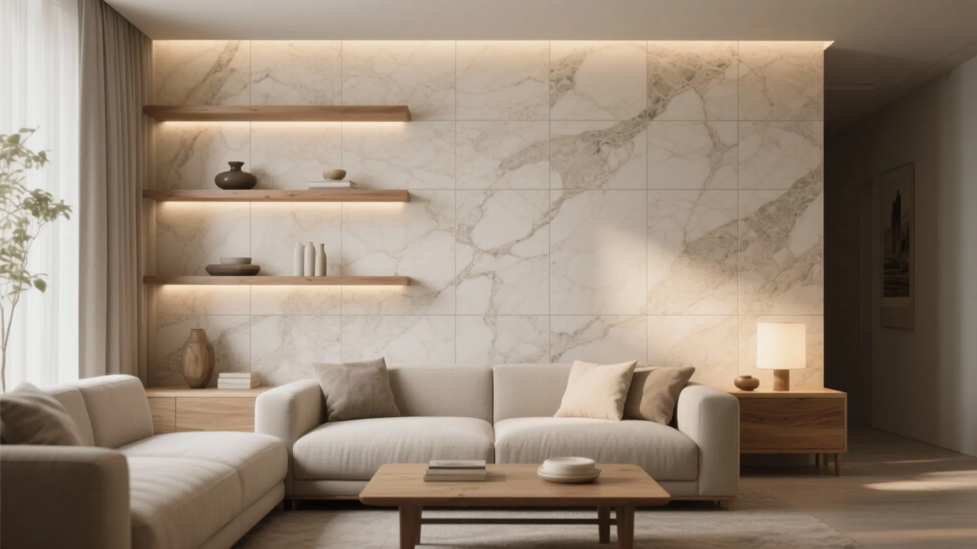 Warm Stone-Effect Tiles Mixed with Wood Accents