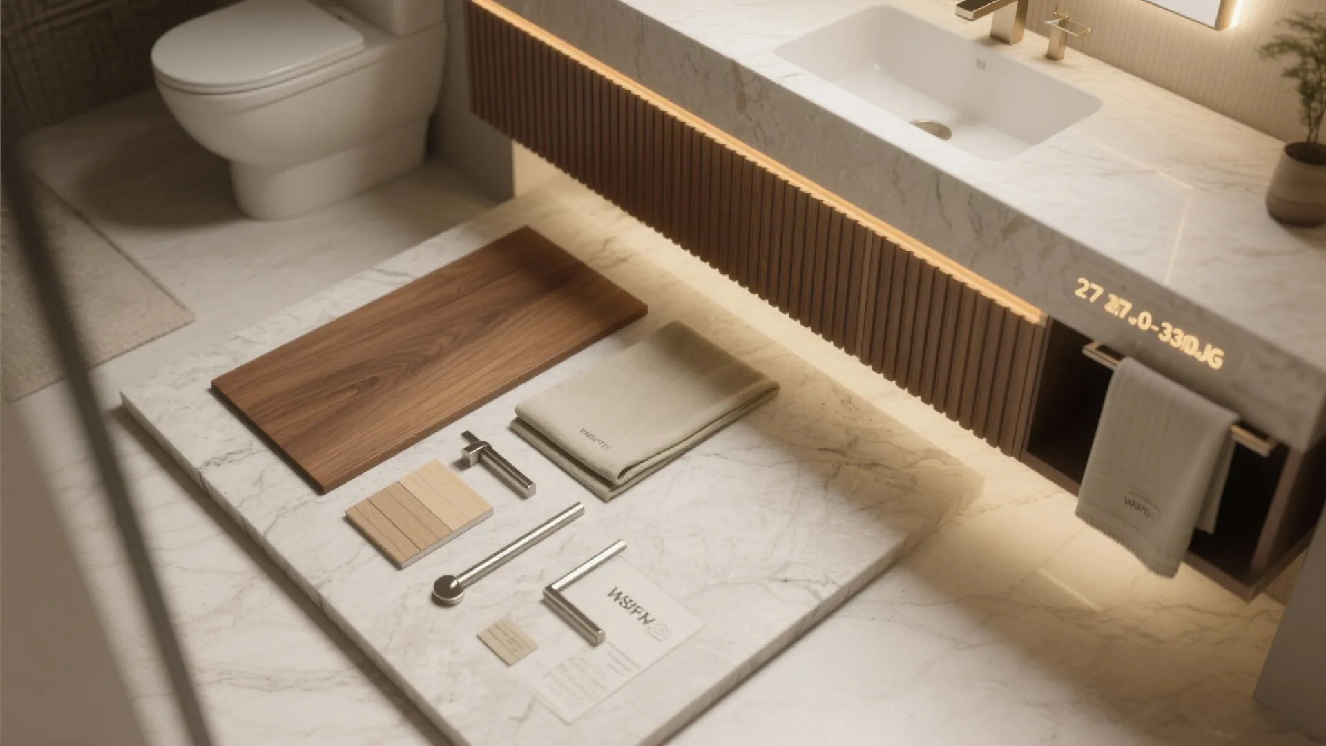 Big-Format Stone, Warm Wood, and Layered Lighting