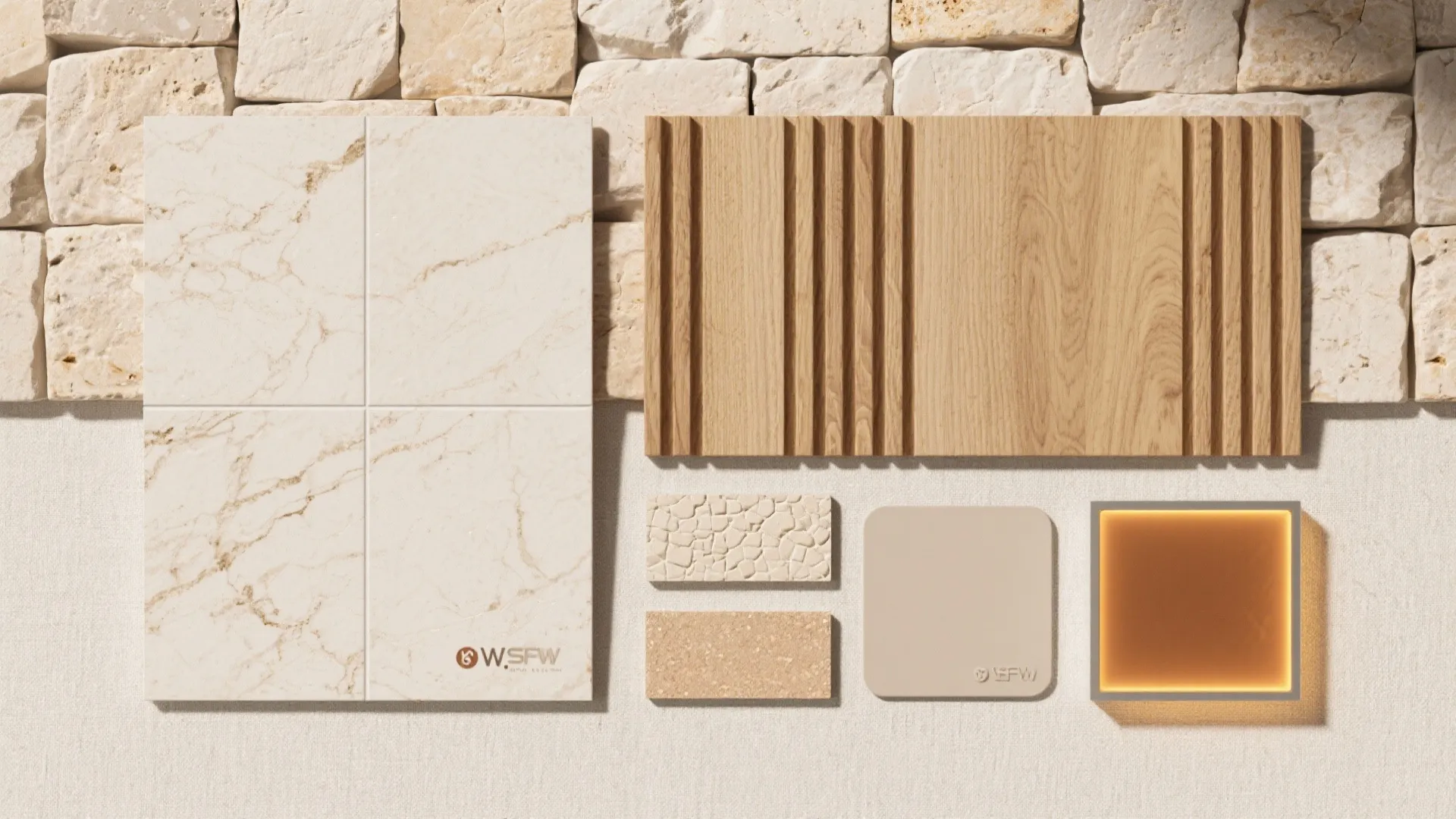 Warm Stone-Effect Tiles Mixed with Wood Accents