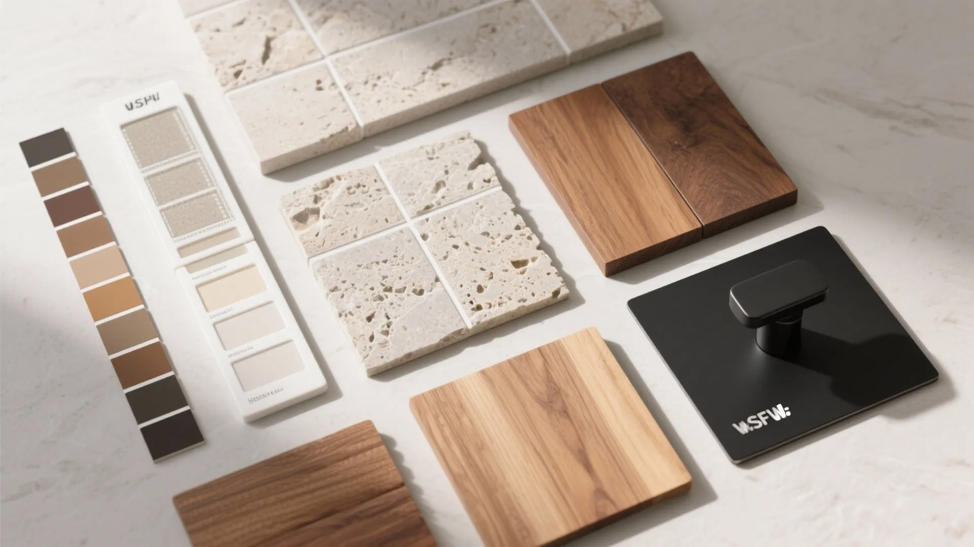Interior design mood board with stone tiles wood samples color palettes and a black handle