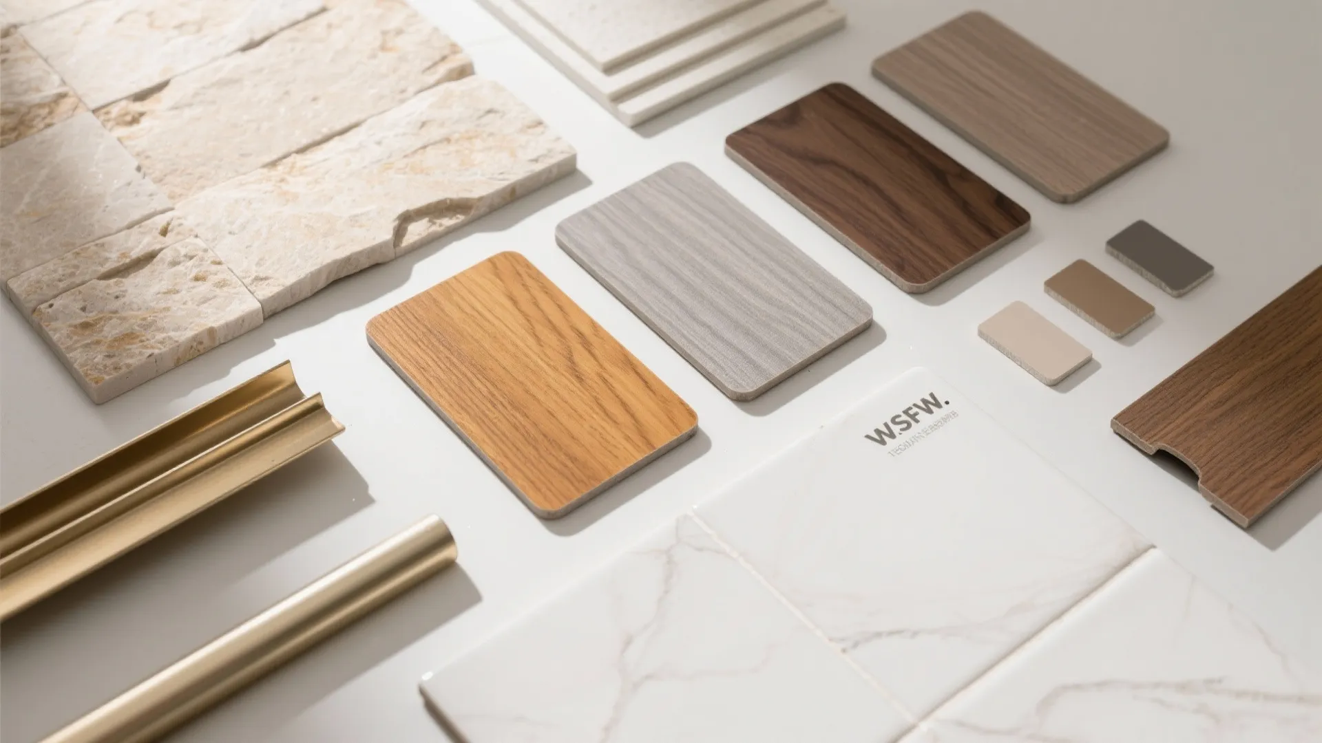 Collection of interior design material samples including wood planks, marble tiles, stone blocks and metal