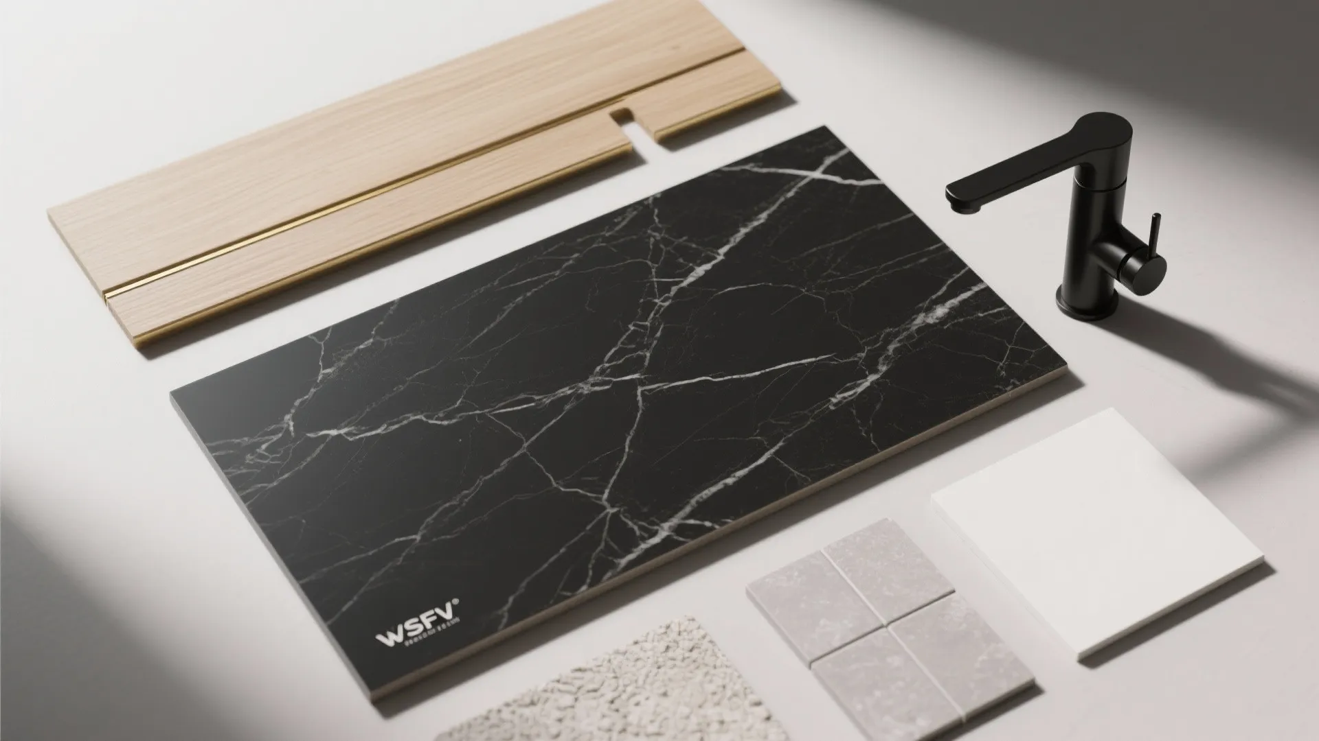 Black Stone-Look Slabs with Light-Wash Wood