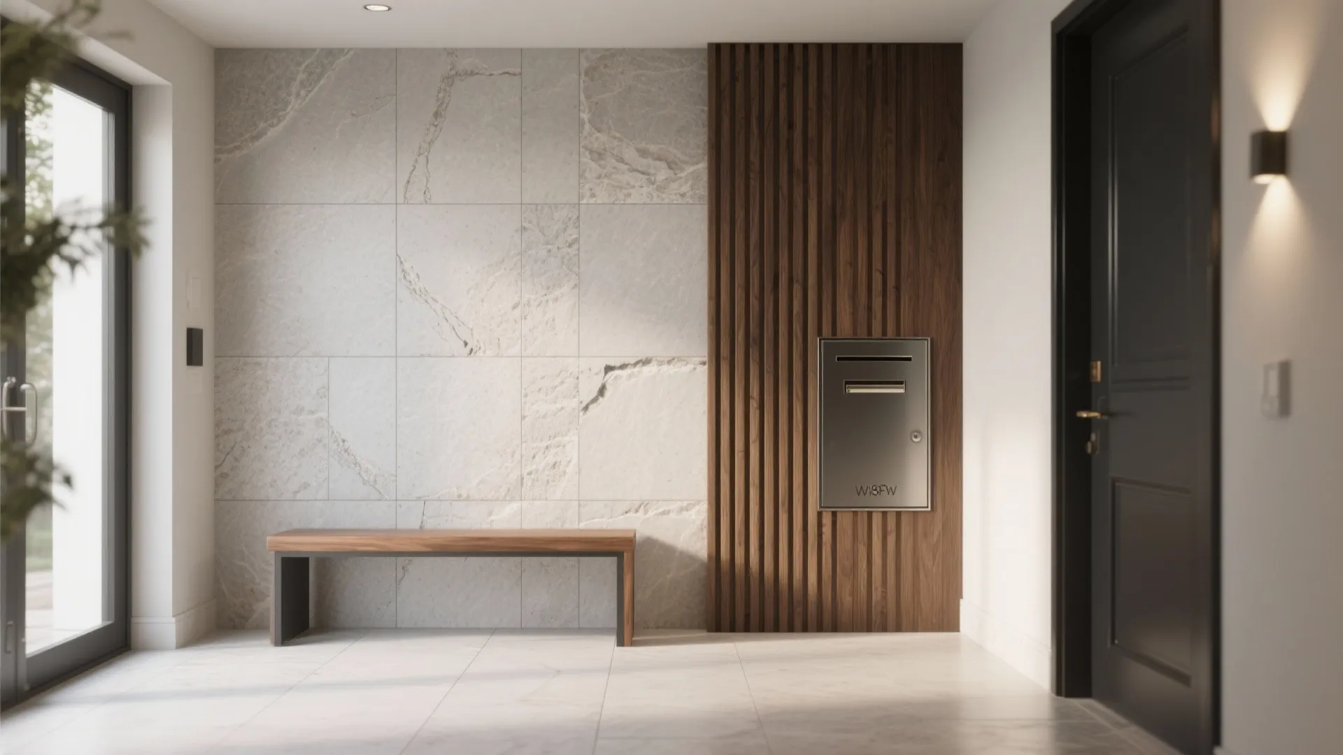 Stone-Look Porcelain with Warm Wood Accents