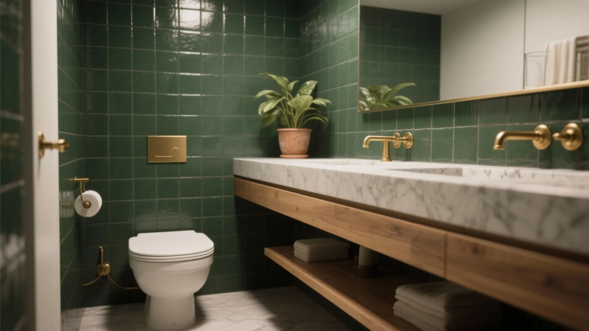 Modern bathroom with green wall tiles marble counter wood shelf white toilet and gold fixtures