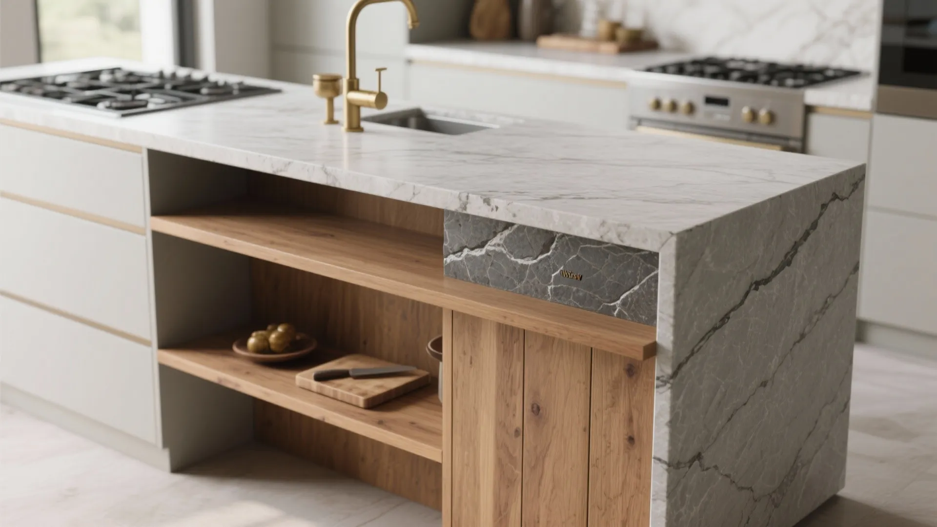 3. Mix Materials: Stone Worktop with a Built-in Wood Prep Shelf