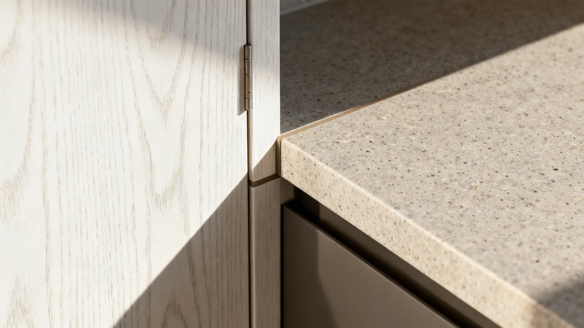 Close up of light wood cabinet door hinge meeting beige stone countertop in bright sunlight