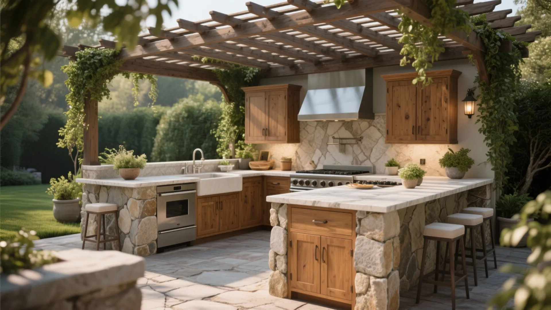 Outdoor kitchen with stone counters and wood cabinets under pergola