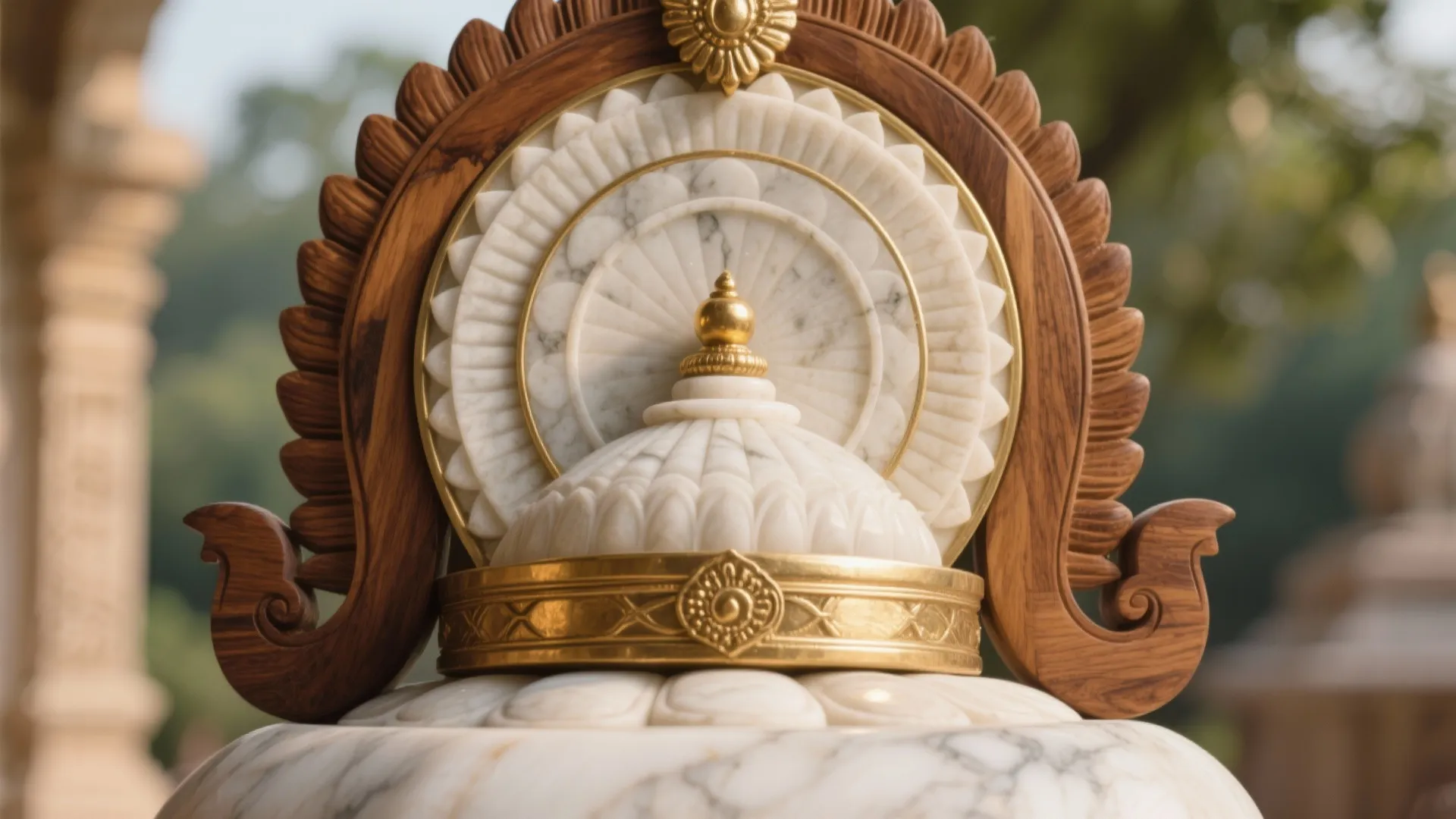 Close up of a carved white marble and brown wood decorative item with gold metal details