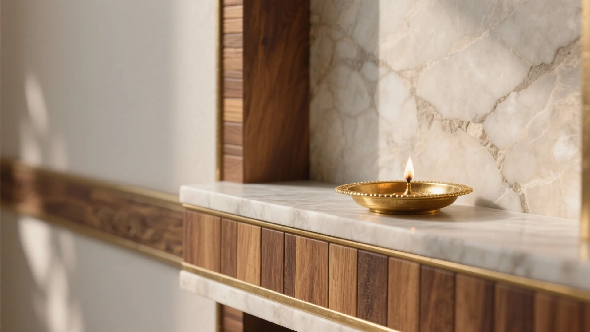 Minimalist stone-and-wood backdrop with concealed storage