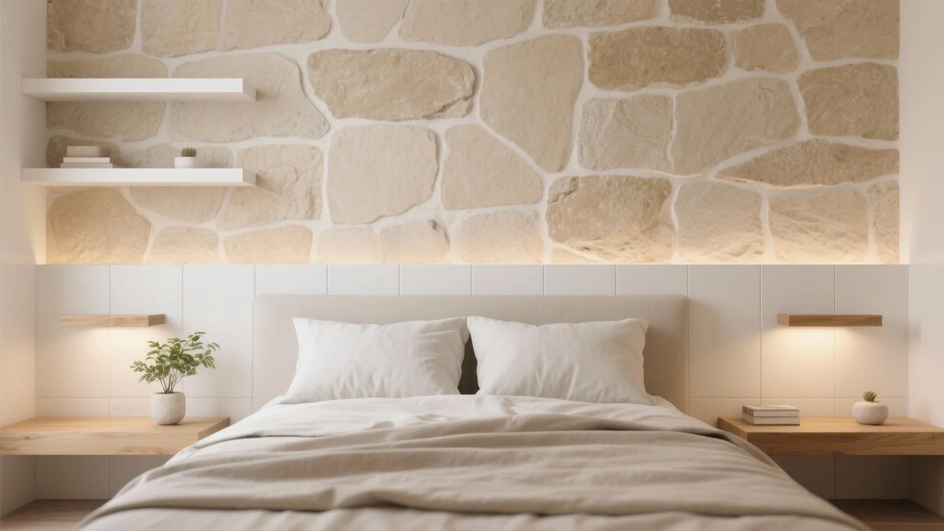 5) Stone-look porcelain with wood accents for warm minimalism