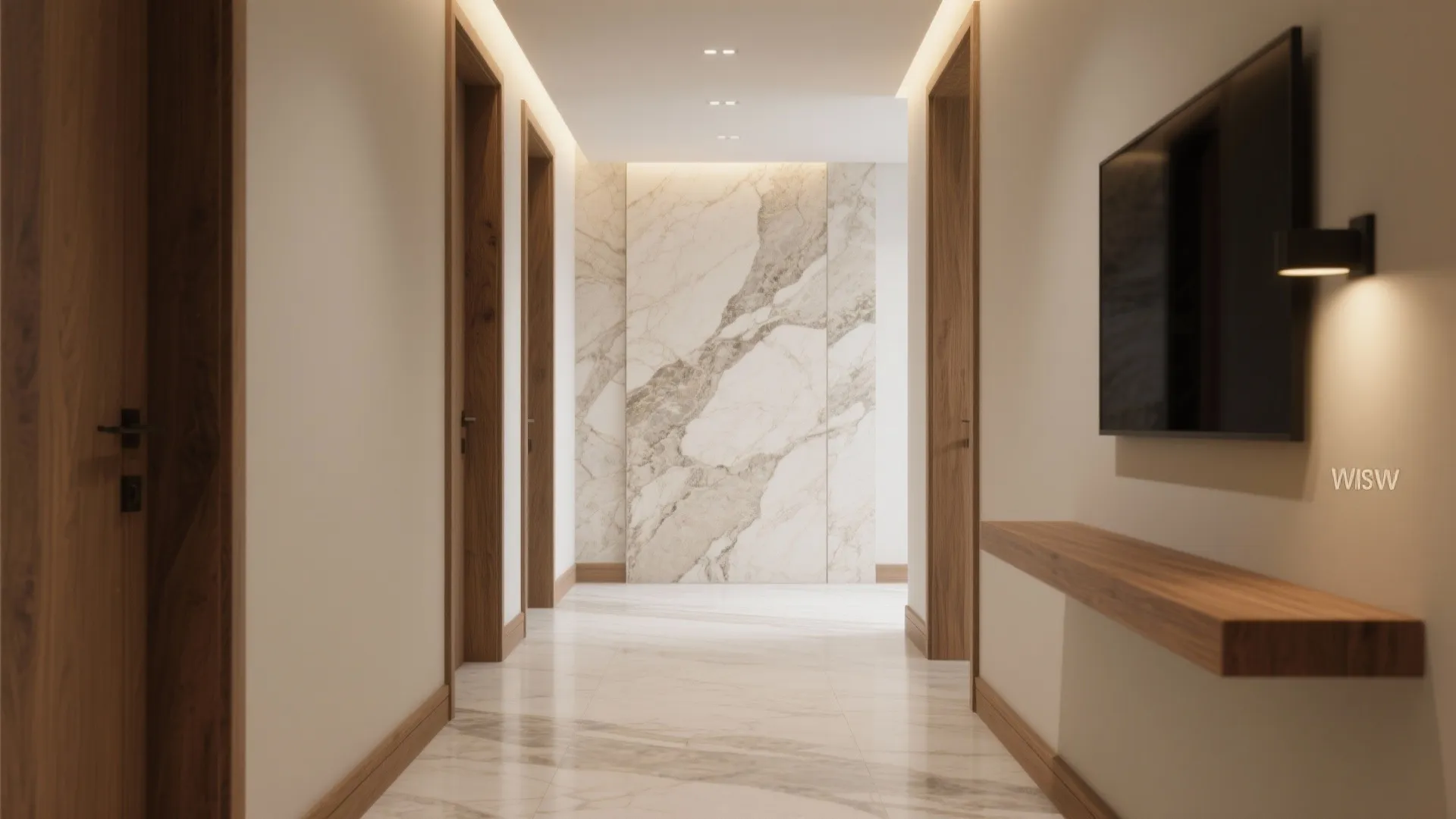 Stone-look porcelain with warm wood accents