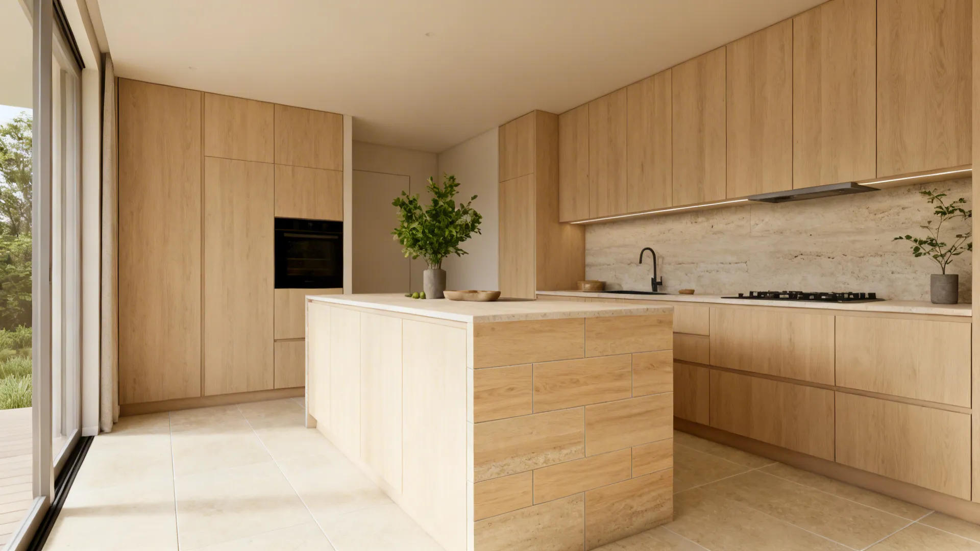 Micro kitchen with limestone-look porcelain floor and light oak-look island tiles in a warm neutral palette.
