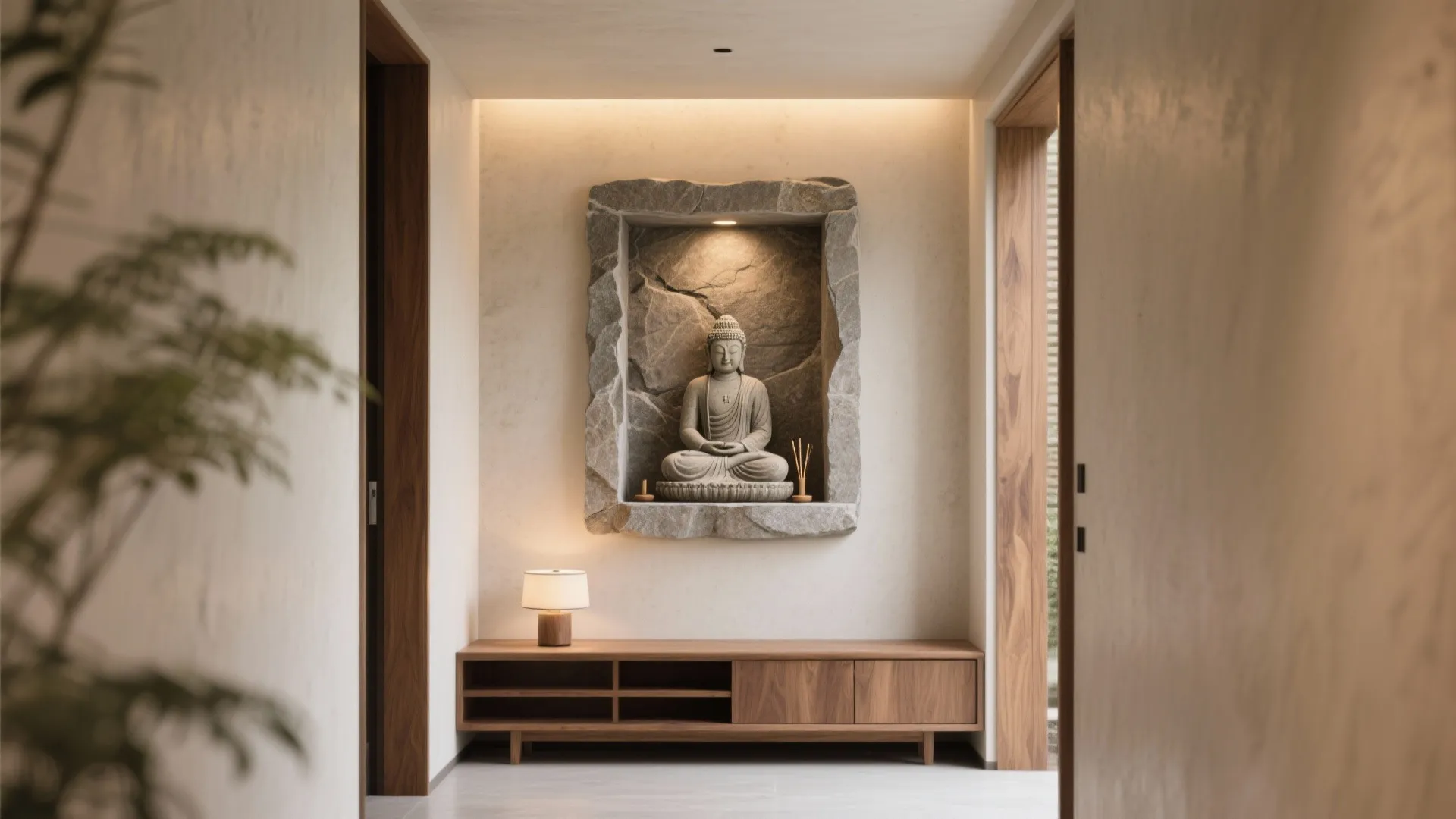 Stone-and-Wood Meditation Niche with Concealed Storage