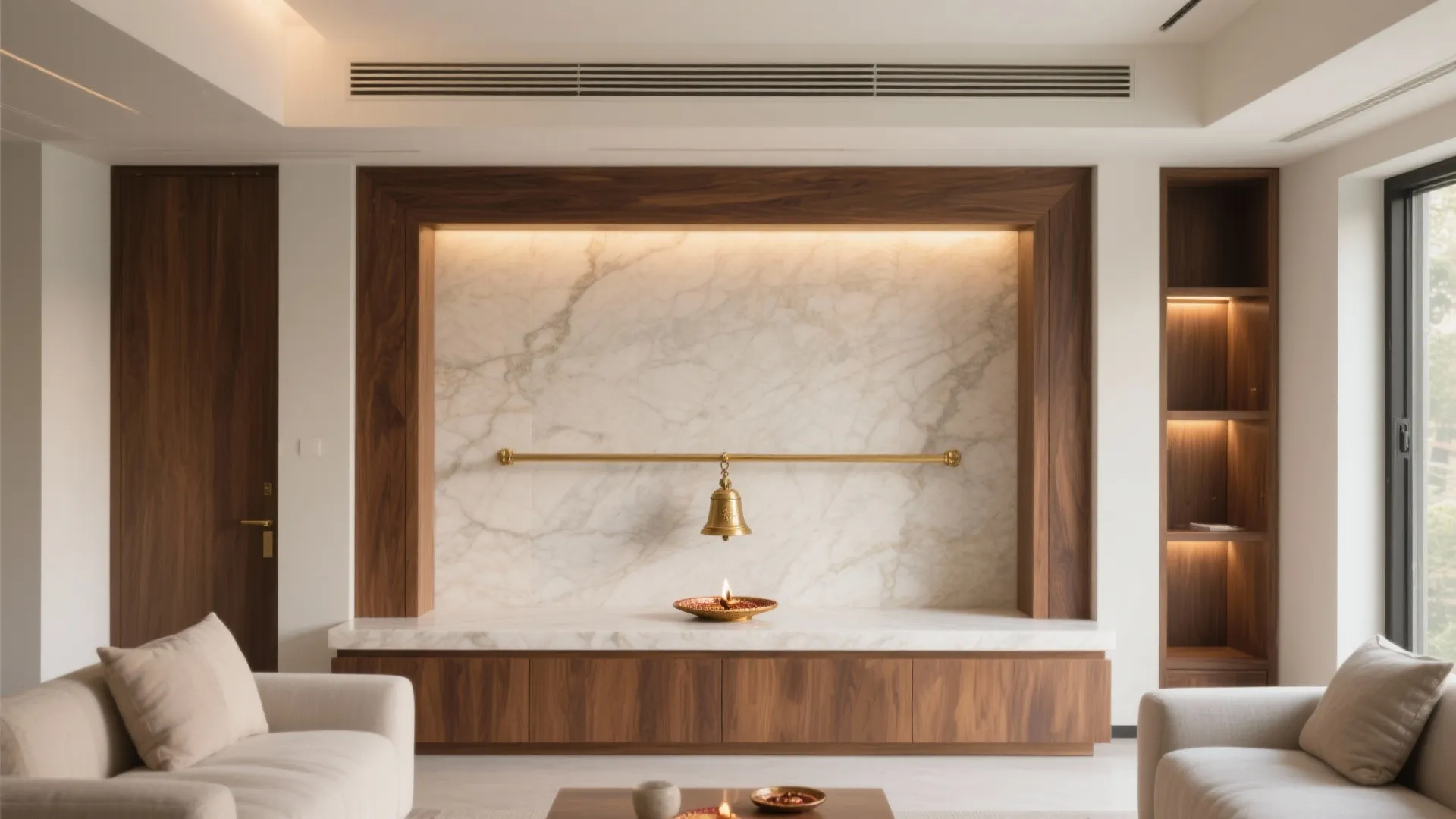 Natural Stone + Warm Wood Niche with Thoughtful Storage
