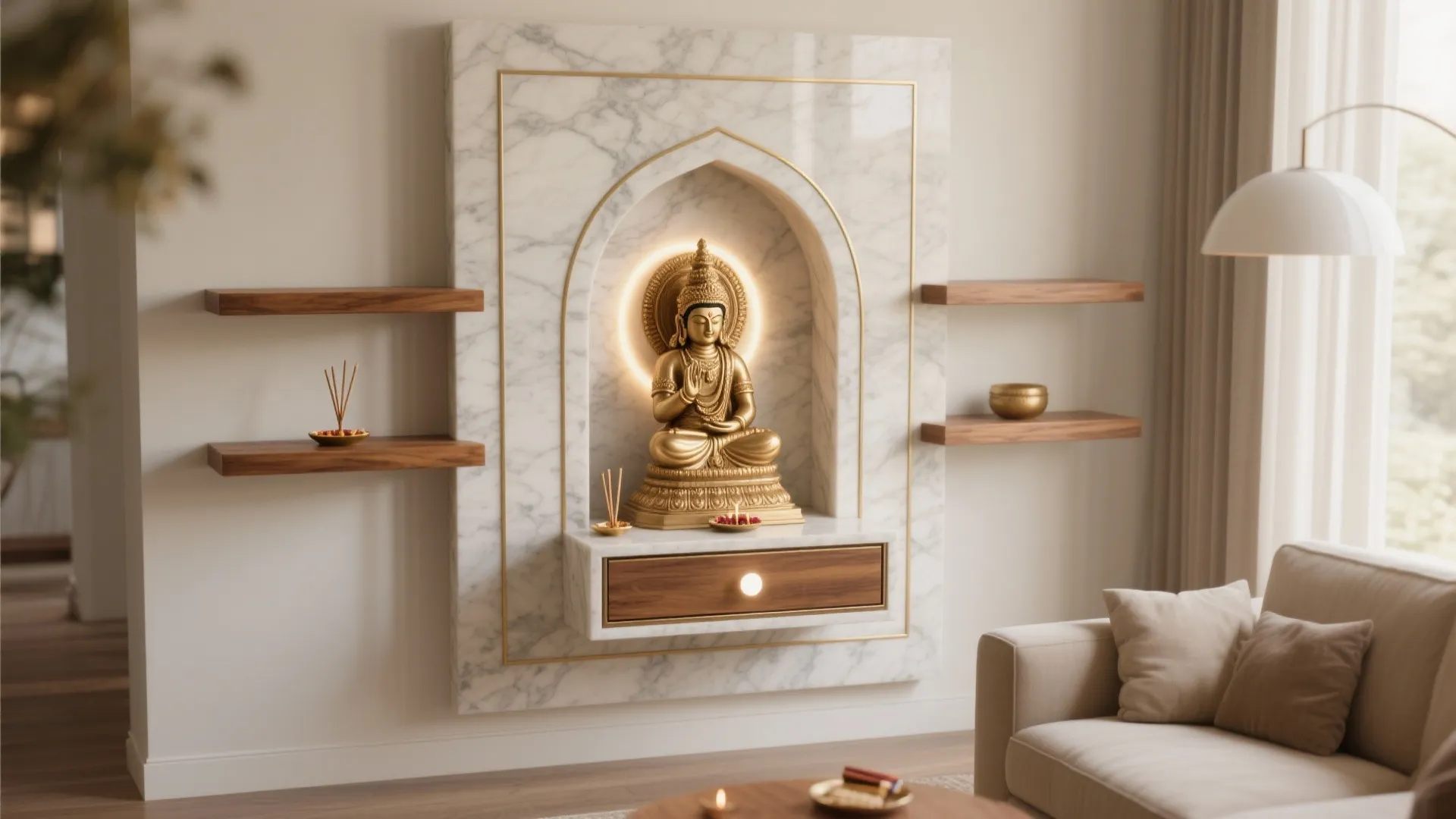 Golden statue sitting in a marble wall niche with wooden shelves and a beige sofa