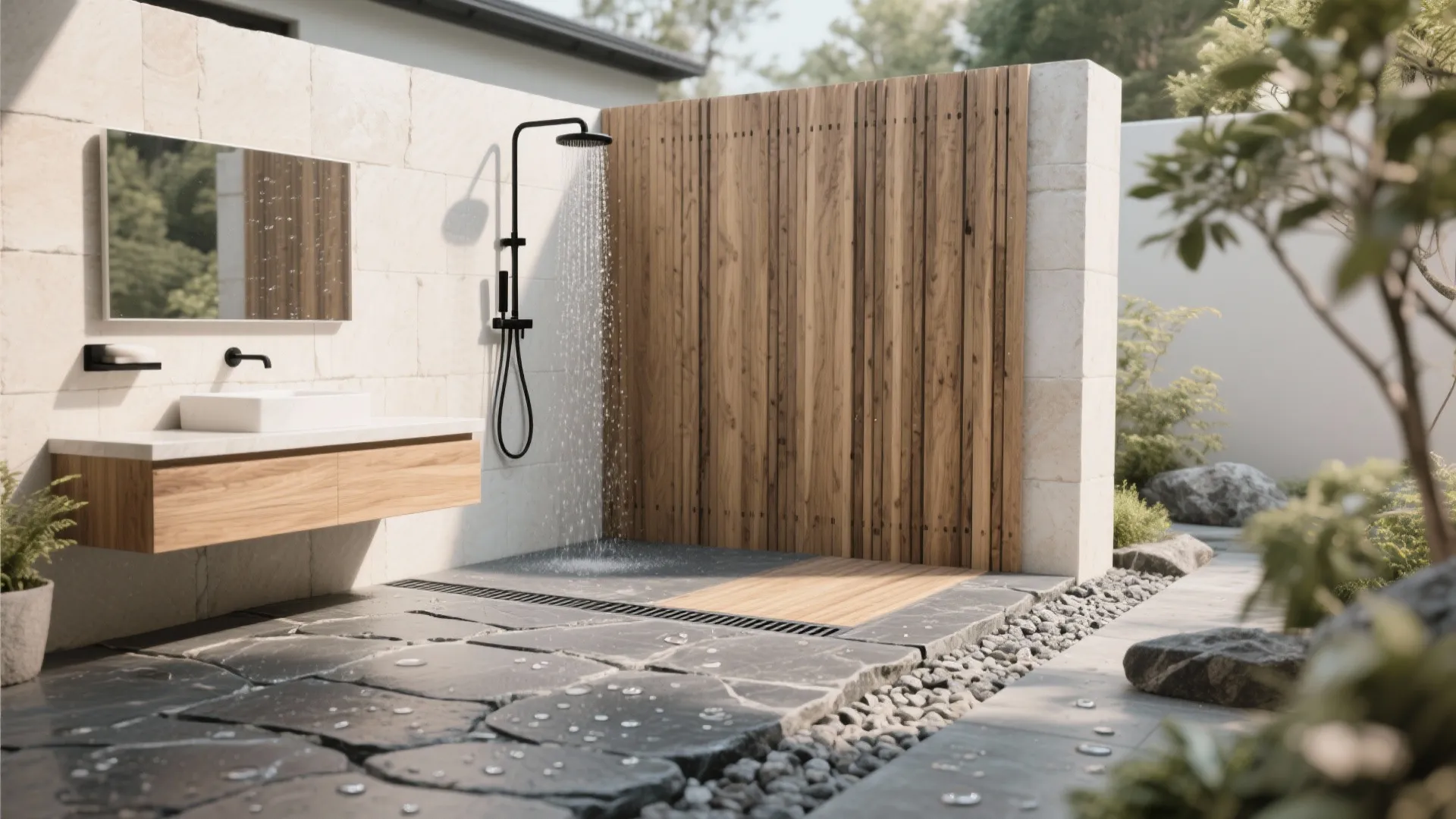 1) Minimalist stone-and-wood palette for a calm, durable shell