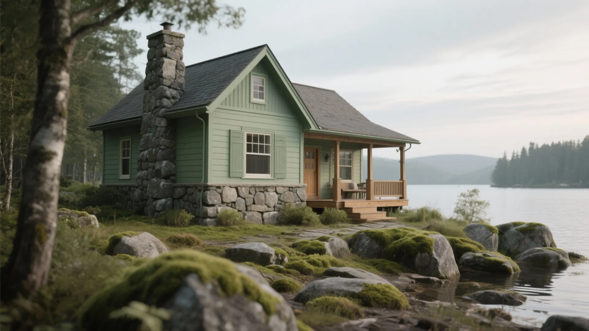Small green cabin with stone base and chimney sitting on a rocky lakeside at dusk