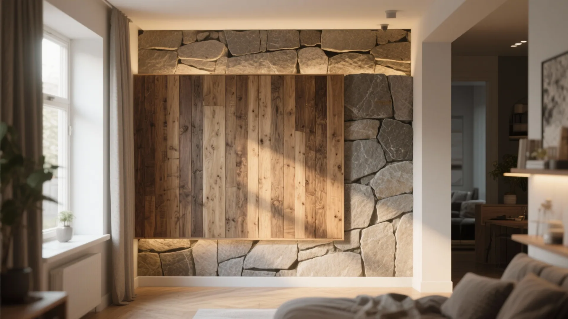 4. Mixed-material panel: stone + wood for warmth