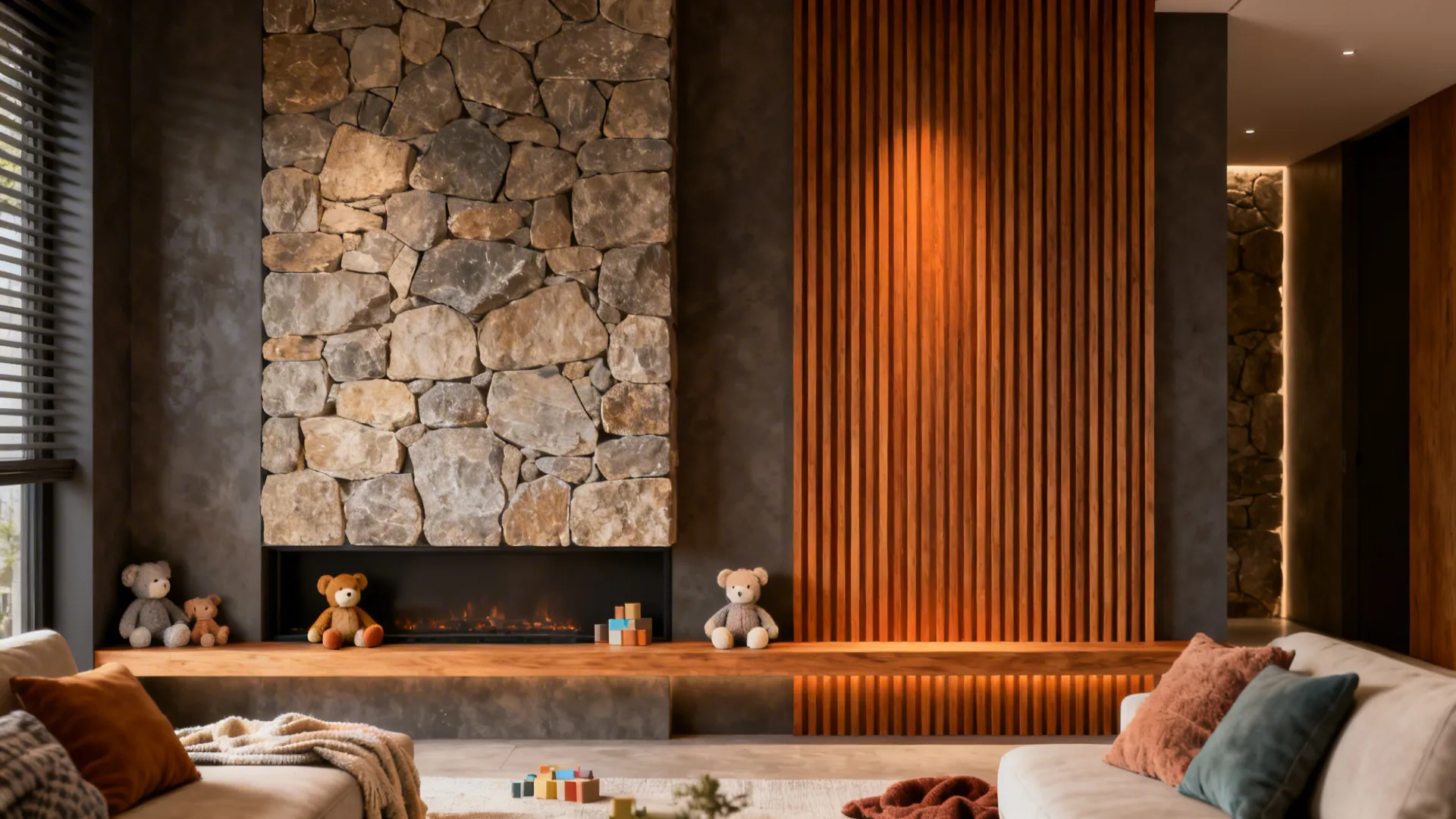 Family living room with mixed stone panels and warm vertical wood slats with a wooden ledge.
