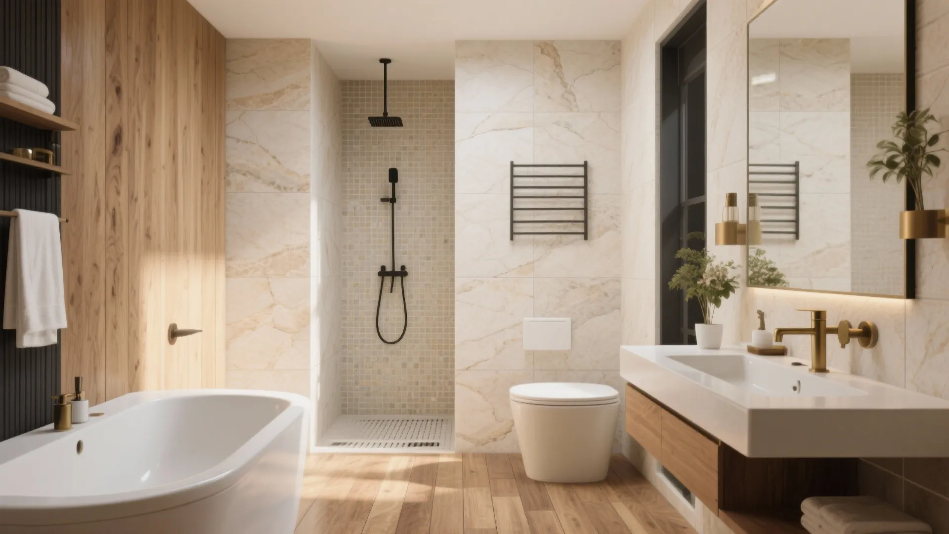 Stone-look porcelain walls + wood-look plank tiles