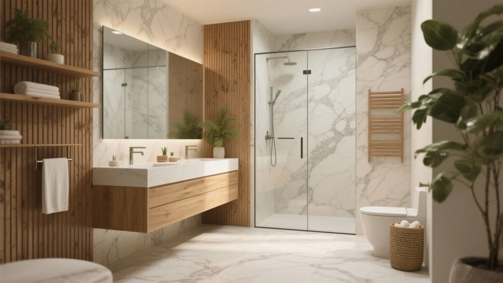 Stone-Look Porcelain Meets Warm Wood Accents