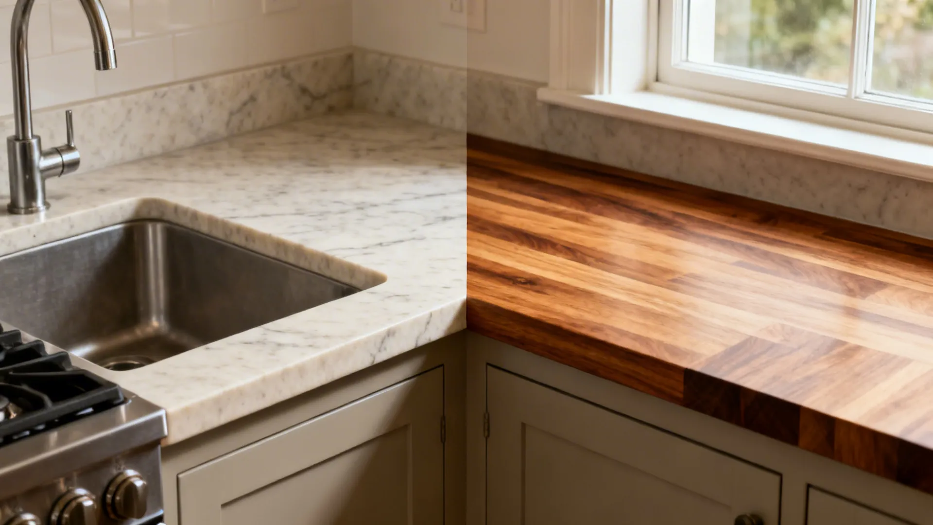Split view showing stone at sink and cook zone and butcher block at a prep area in a small kitchen.