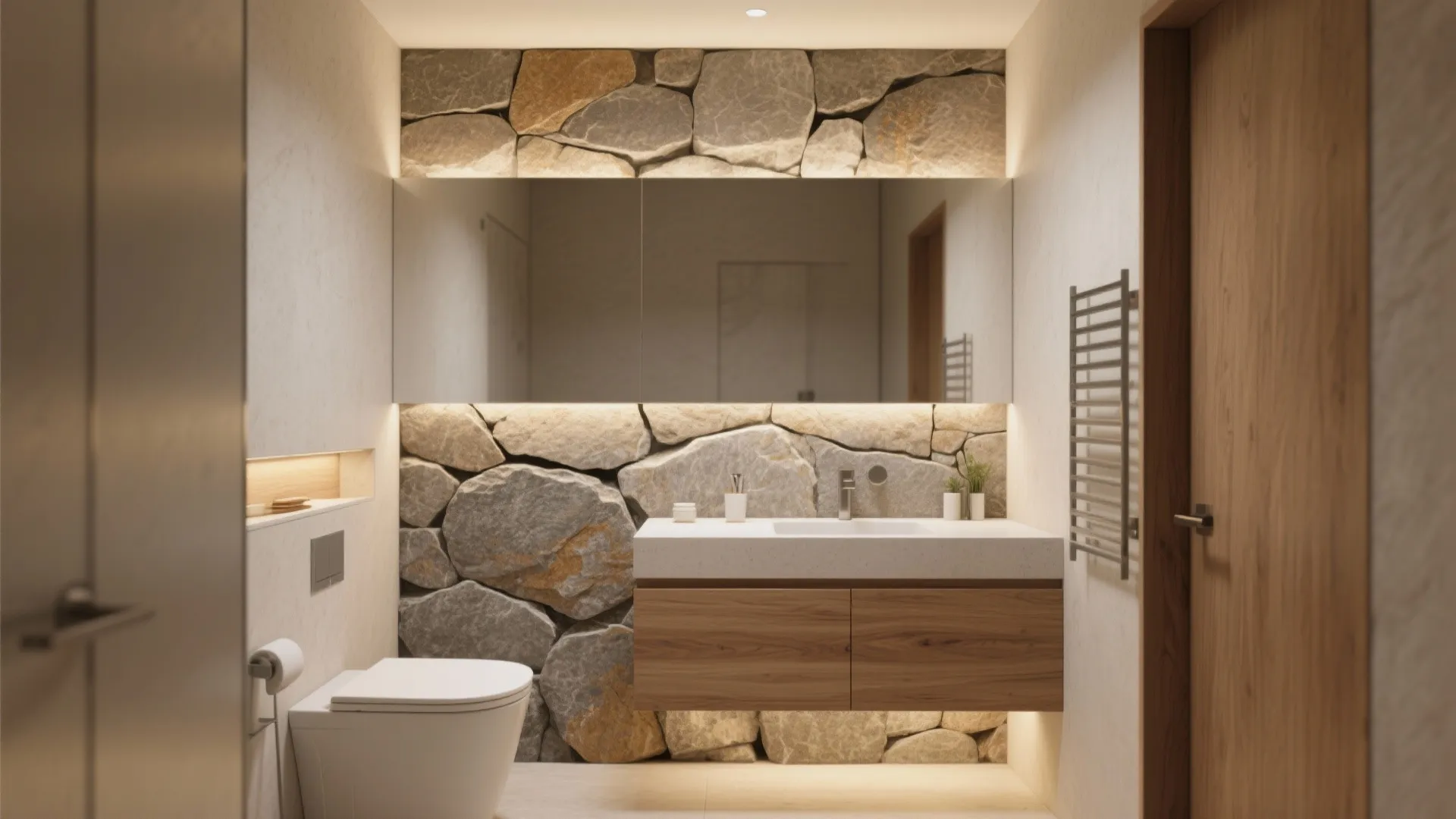 Modern bathroom with stone wall, wooden cabinet, white toilet, sink, mirror, and warm indoor lights